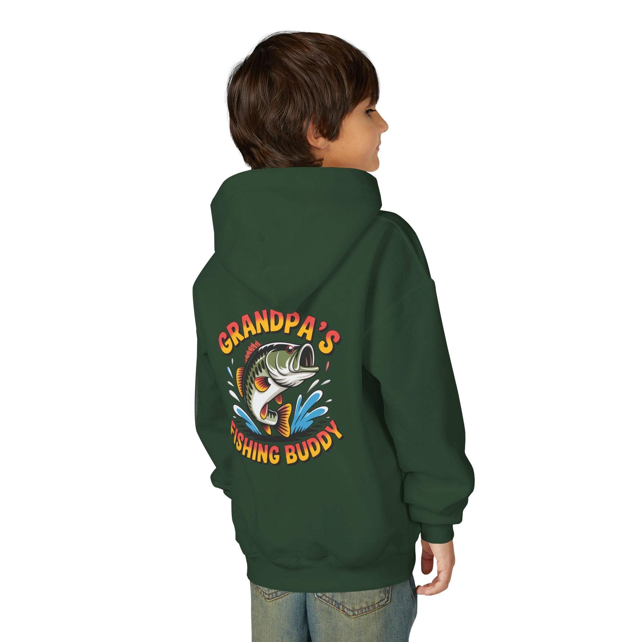 Youth hooded sweatshirt with embroidered Grandpas Fishing Buddy design and kangaroo pocket