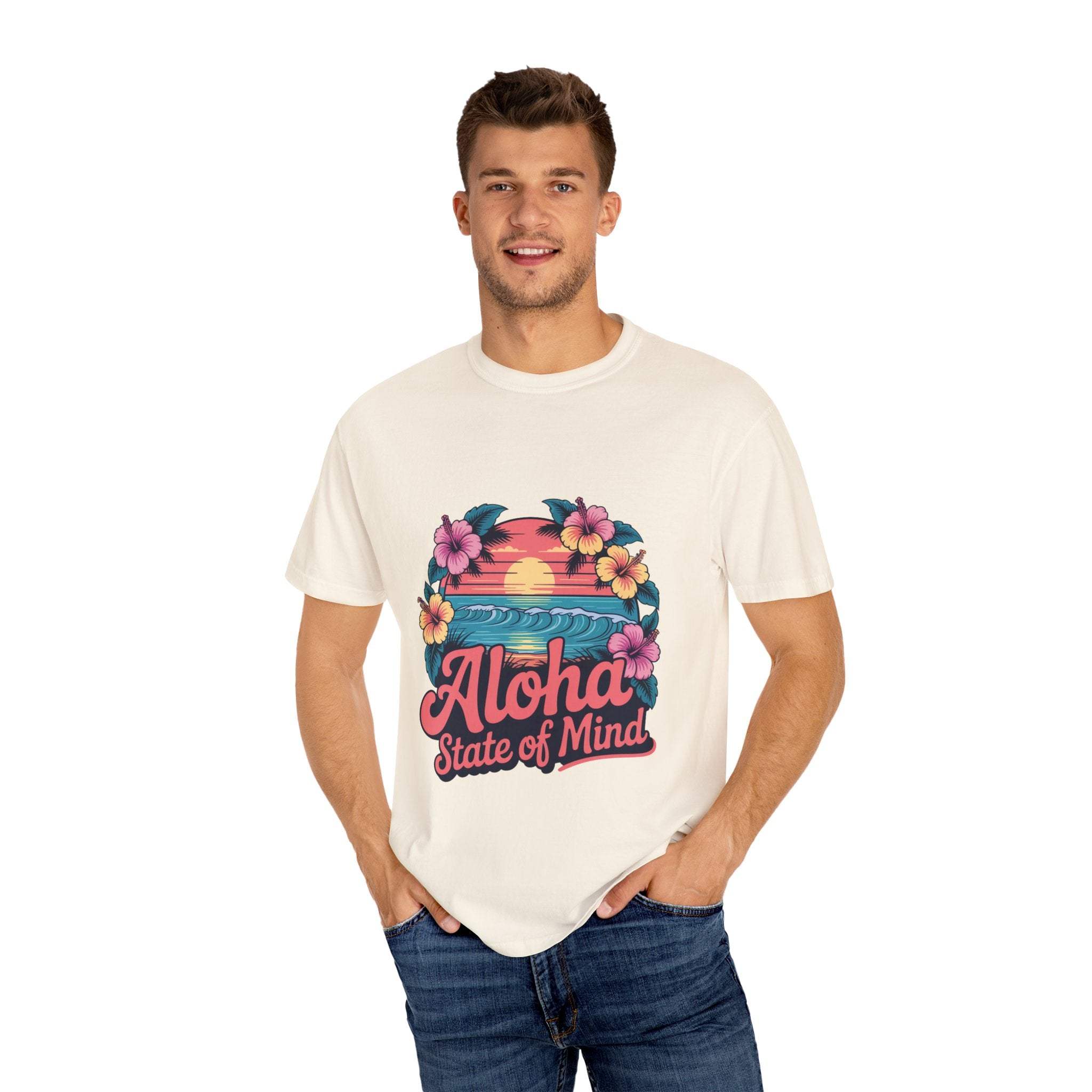Man wearing Aloha State of Mind Hawaii T-shirt with tropical floral and sunset design