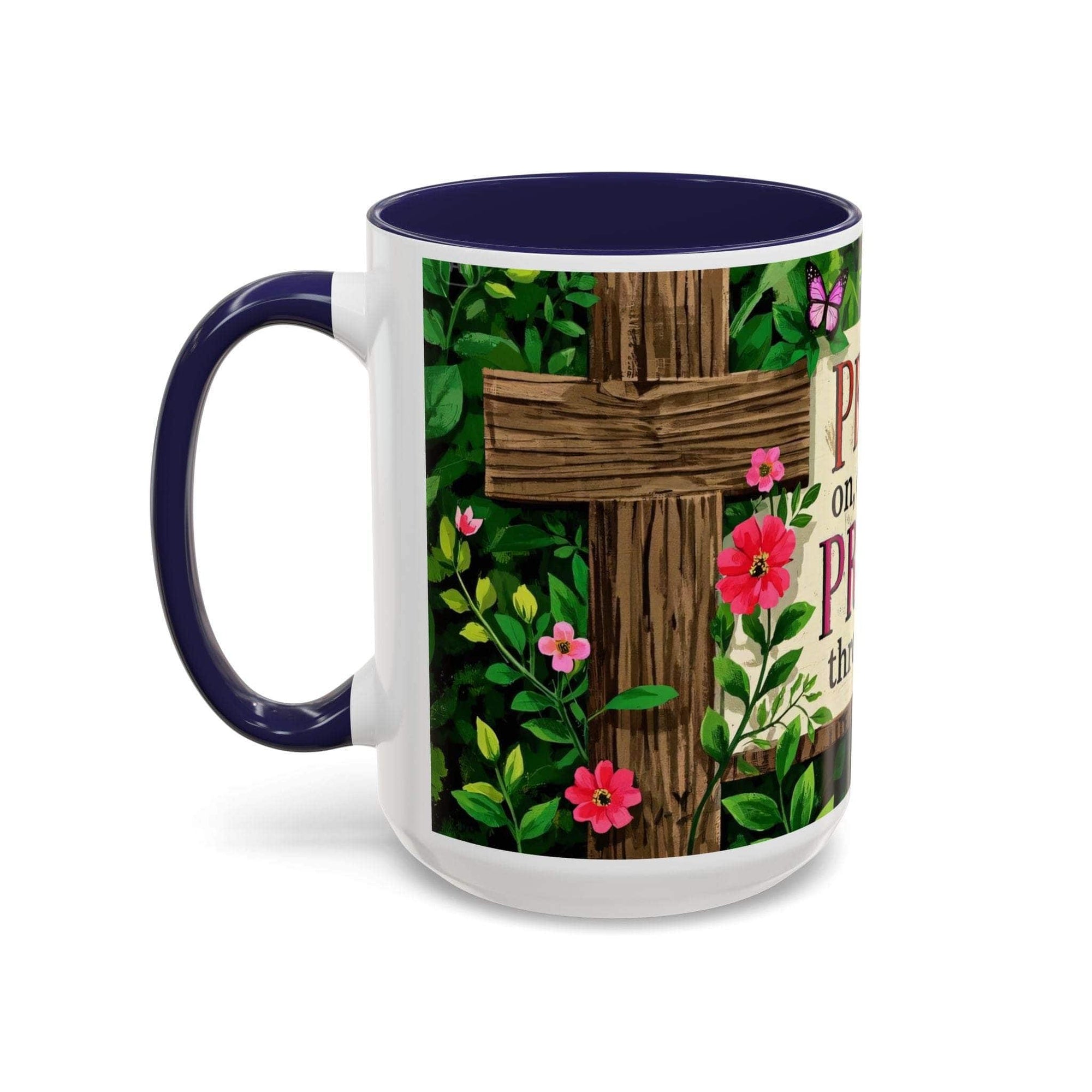 Mug with floral design and cross on a white background