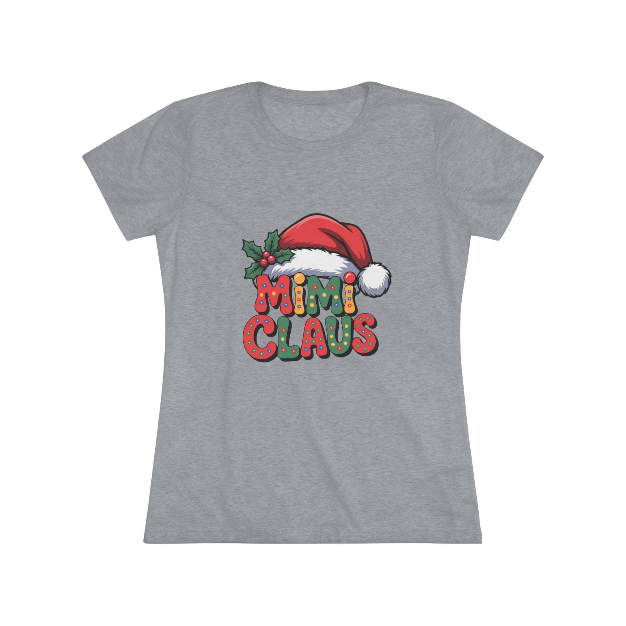 Women's gray slim fit T-shirt with festive Mimi Claus Christmas design and triblend fabric