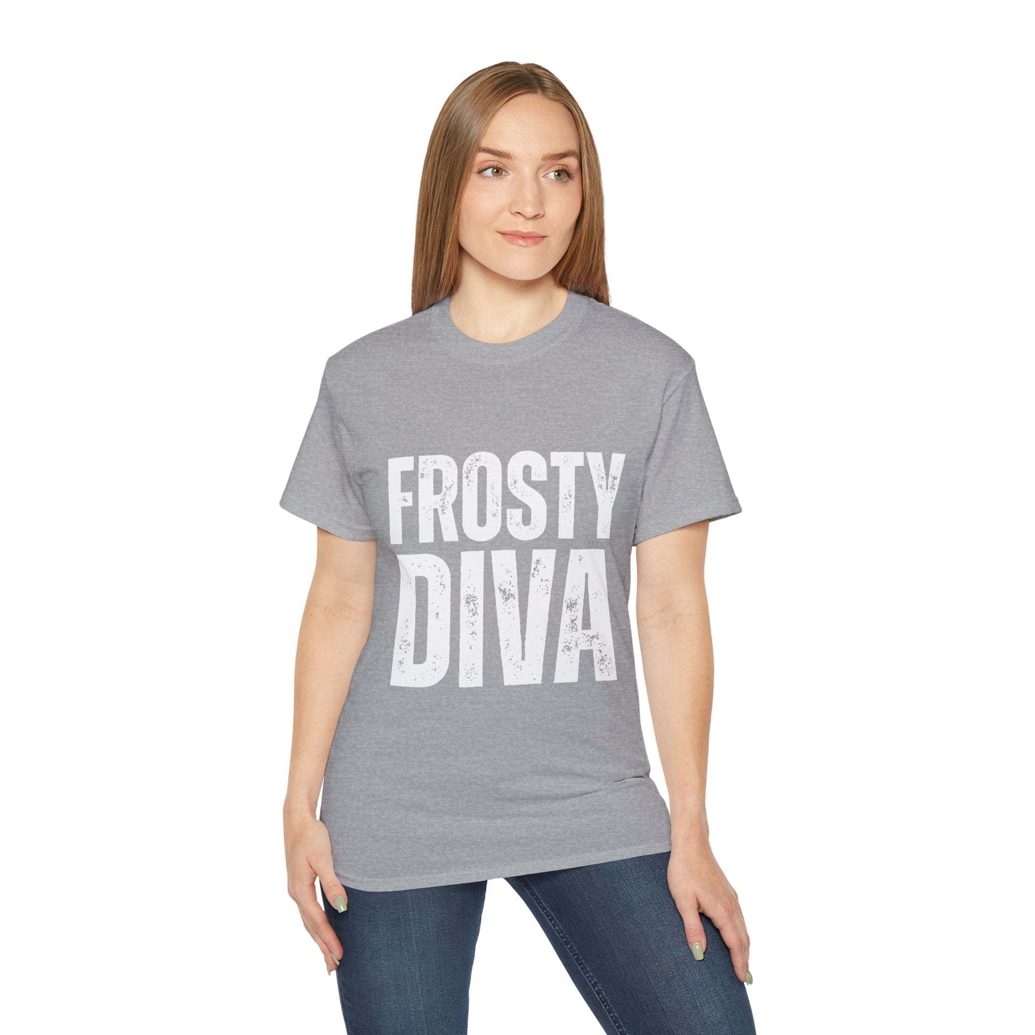 woman wearing grey Distressed Frosty T-Shirt with Frosty Diva text, casual unisex cotton tee