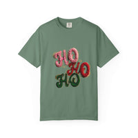 White Christmas graphic tee featuring faux puffy crochet 'Ho, Ho, Ho' design by Printify