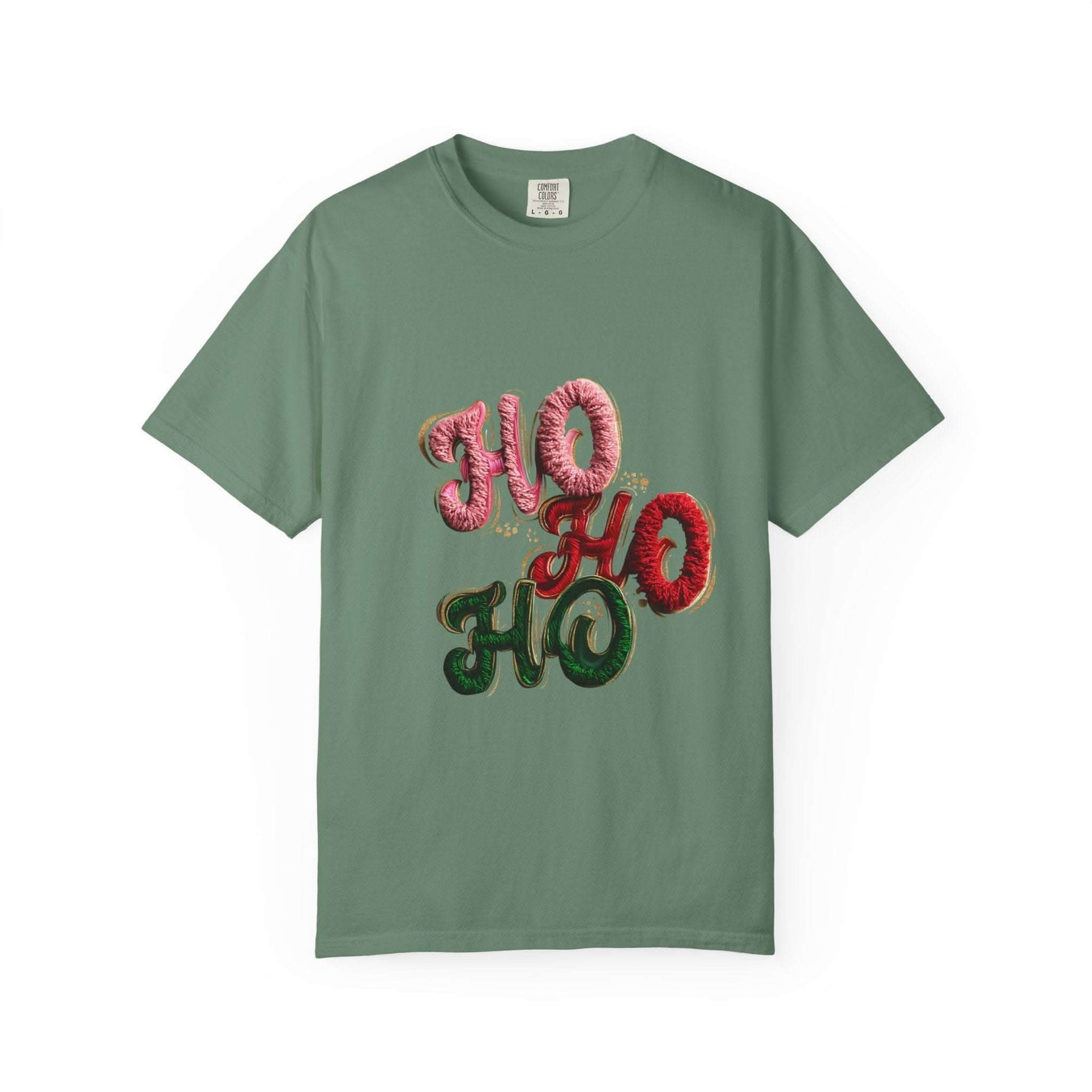 White Christmas graphic tee featuring faux puffy crochet 'Ho, Ho, Ho' design by Printify