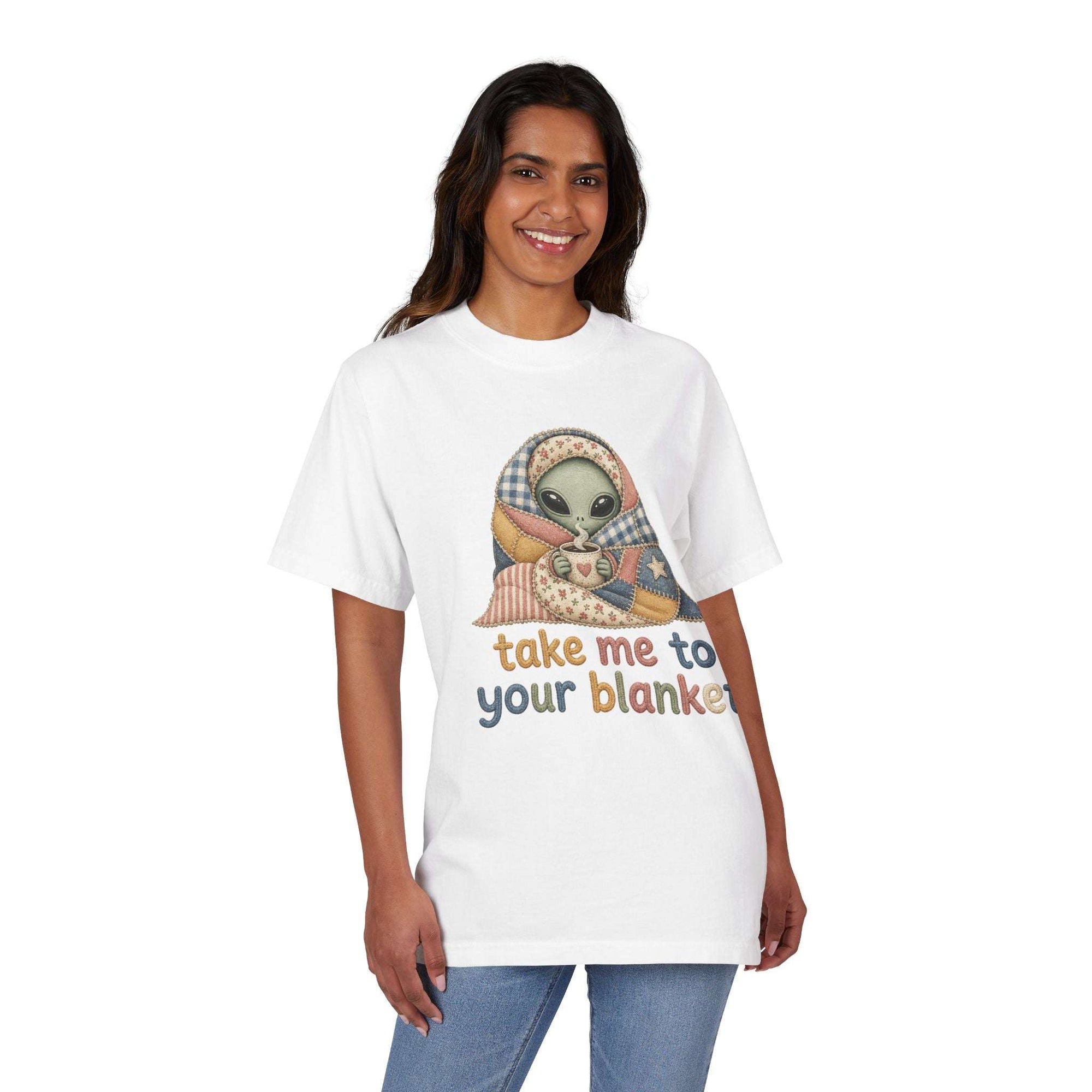 Alien in Blanket T-Shirt — "Take Me to Your Blanket" Cozy Graphic Tee