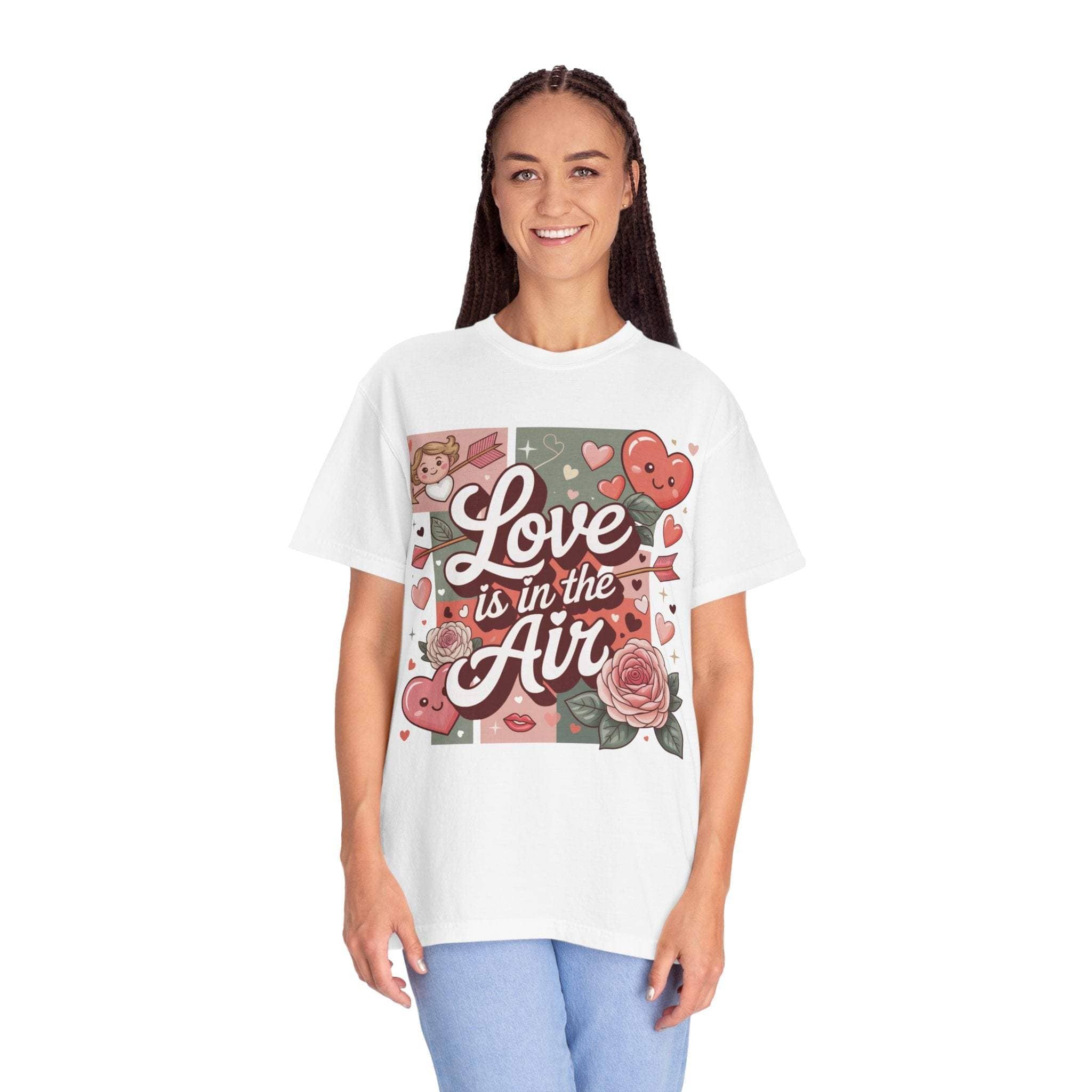 Valentine's Love Is in the Air T-shirt with heart and rose design on white relaxed fit cotton tee