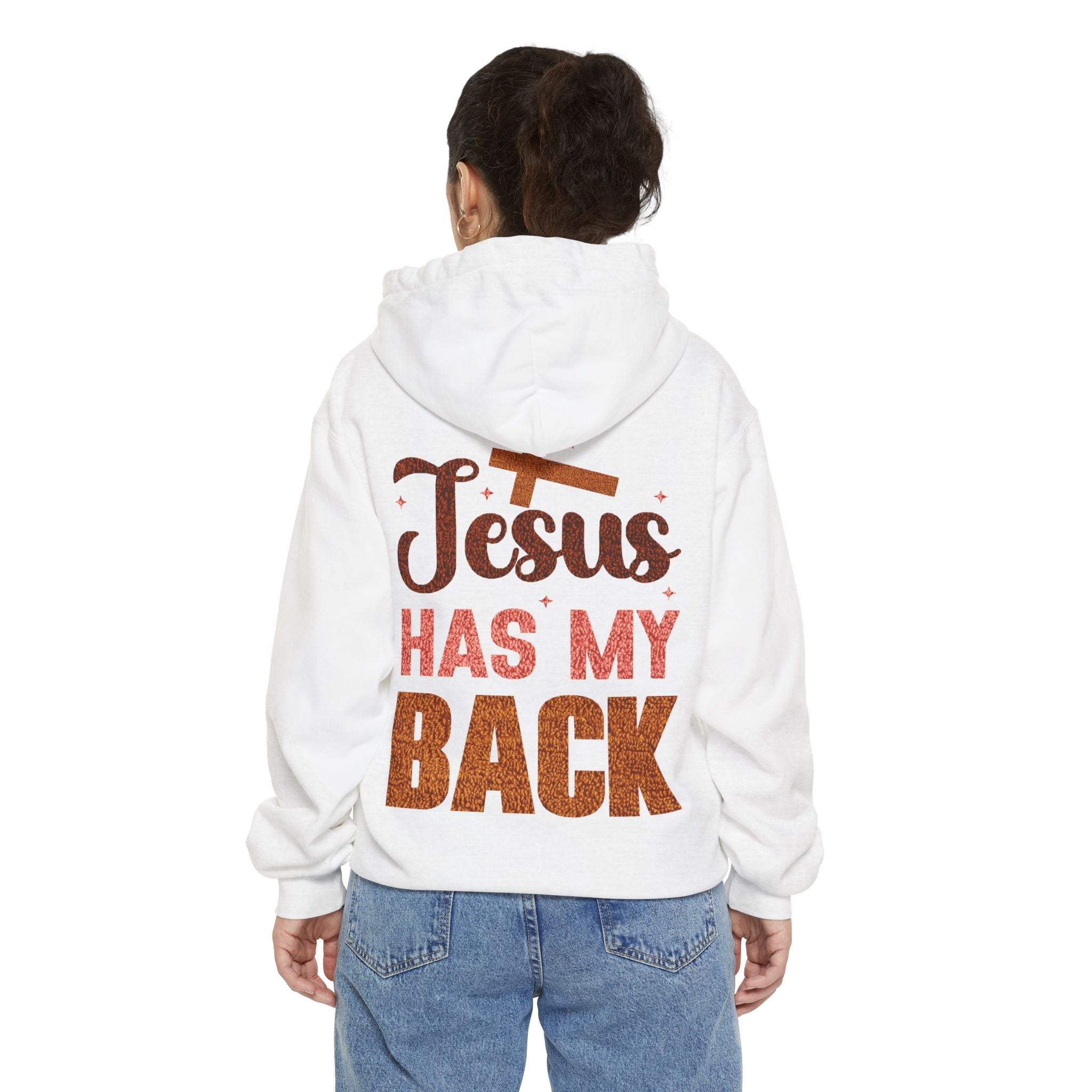 white Jesus Has My Back Hoodie with red and brown text on back worn by person