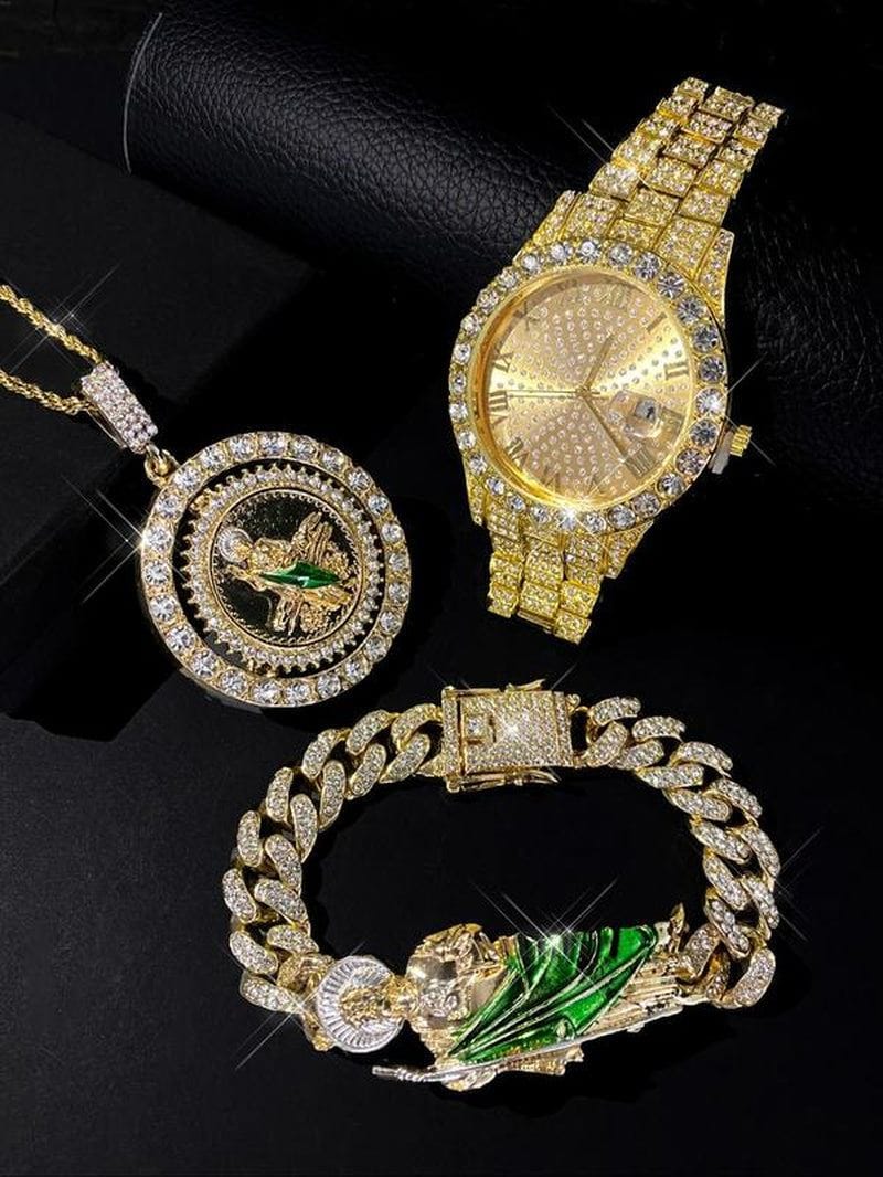 Luxury watch and jewelry set featuring elegant gold and diamond accessories