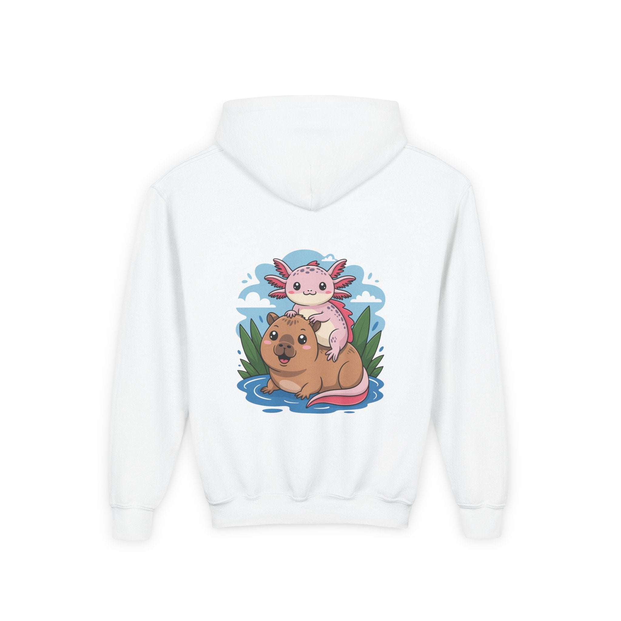 Youth hoodie with axolotl and capybara design made from soft cotton-poly blend