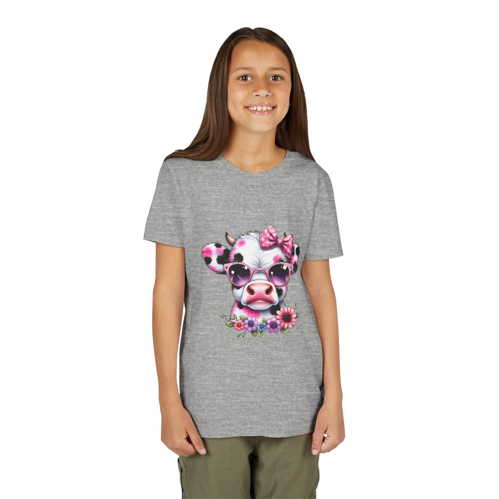 Pink floral highland cow graphic on soft youth tee shirt for kids