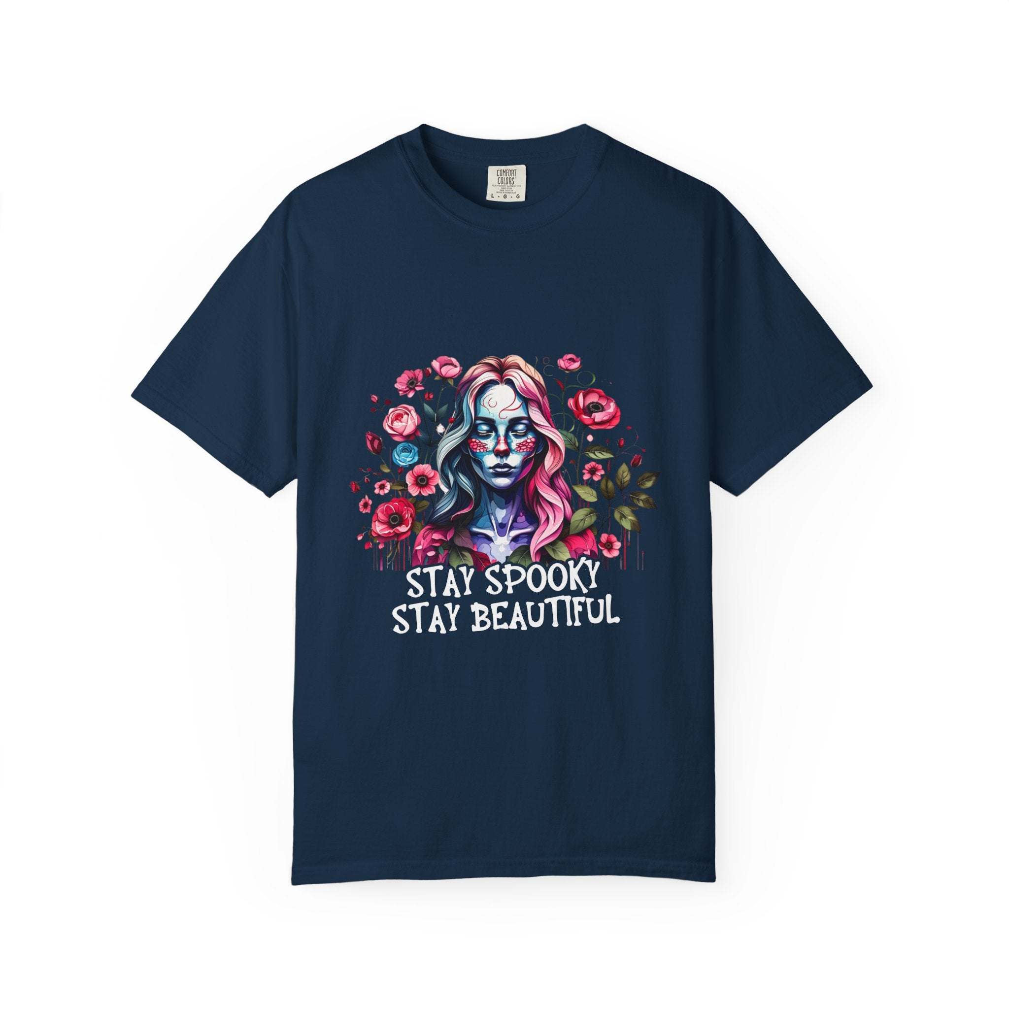 Navy soft floral skeleton t-shirt with "Stay Spooky Stay Beautiful" text and colorful flower design.
