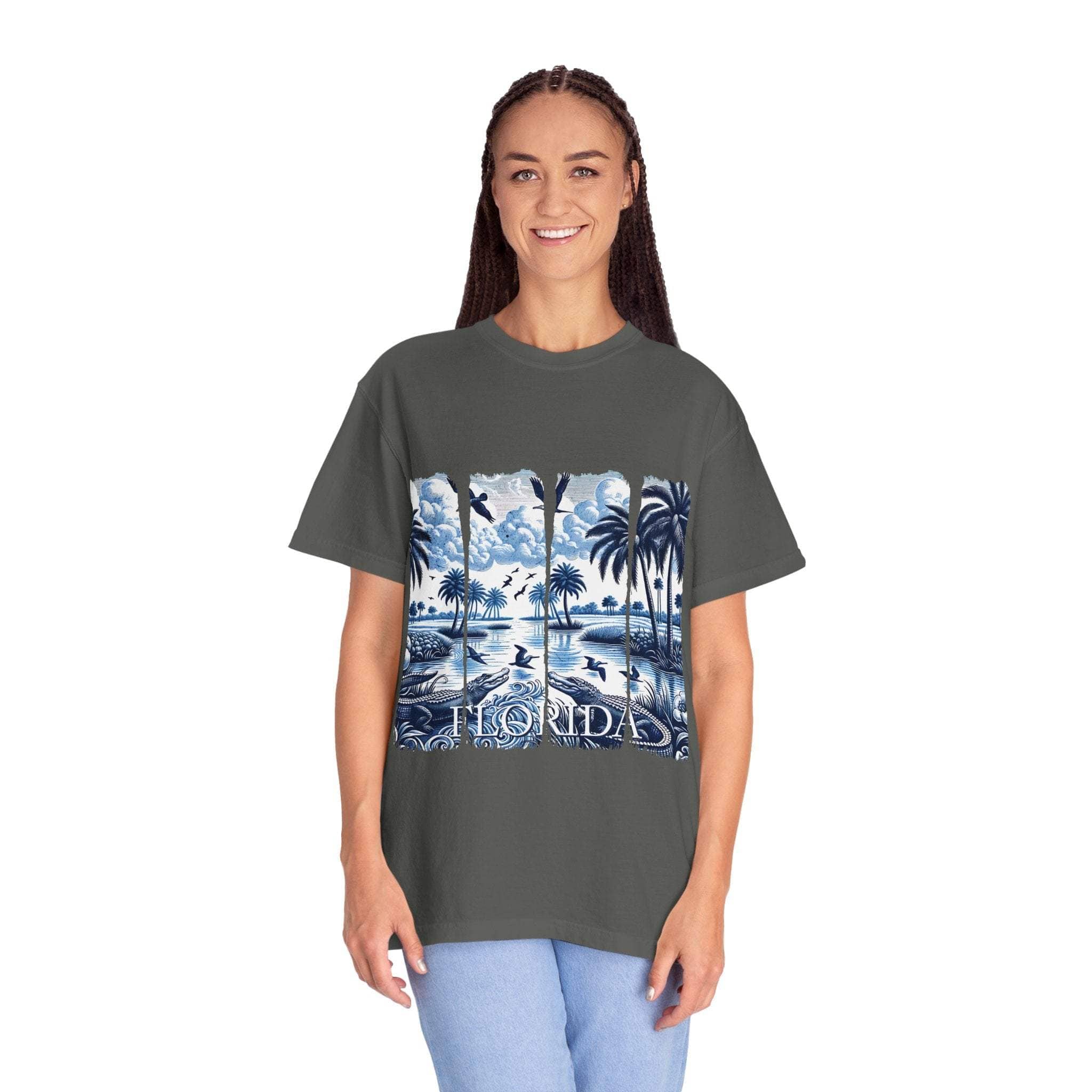 Blue Chinoise Brushstroke T-Shirt with soft blue chinoiserie brushstroke design on garment-dyed cotton tee