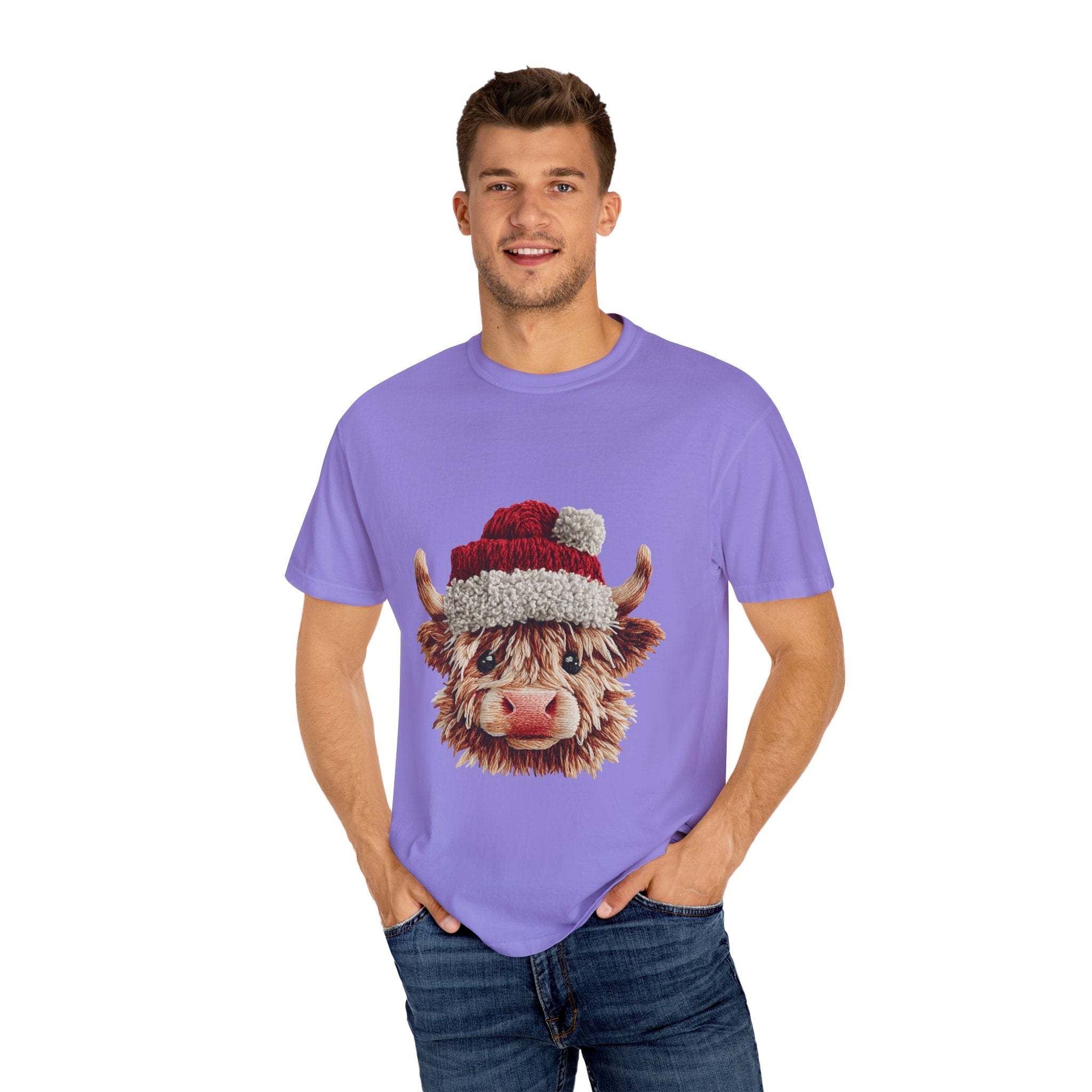 Black t-shirt featuring faux crochet yarn Highland cow Santa print by Printify, perfect for cozy Christmas wear.