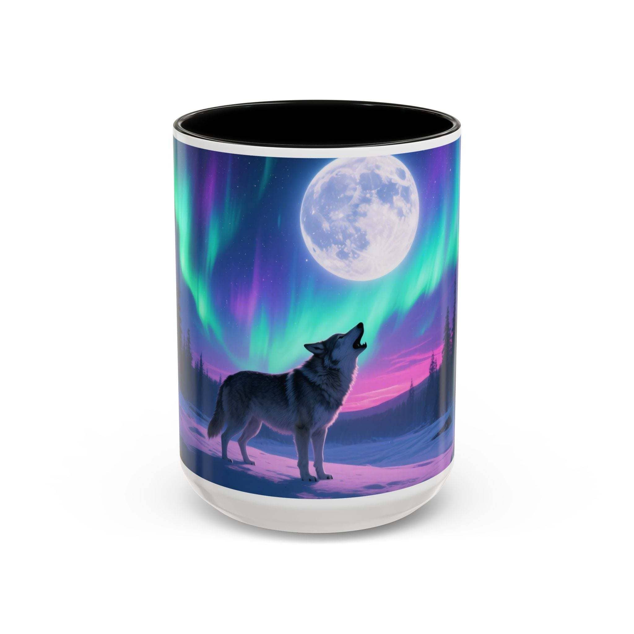 Tumbler with a wolf and moon design against a colorful sky on a white background