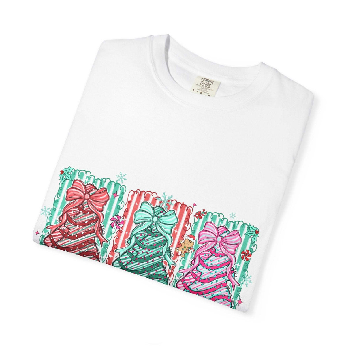 Oh Christmas Tree T-shirt with colorful decorated Christmas trees on cream garment-dyed fabric