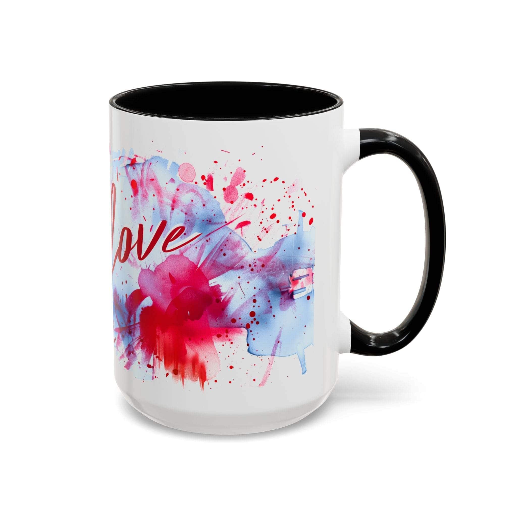 Mug with colorful abstract design and the word 'love' on a white background