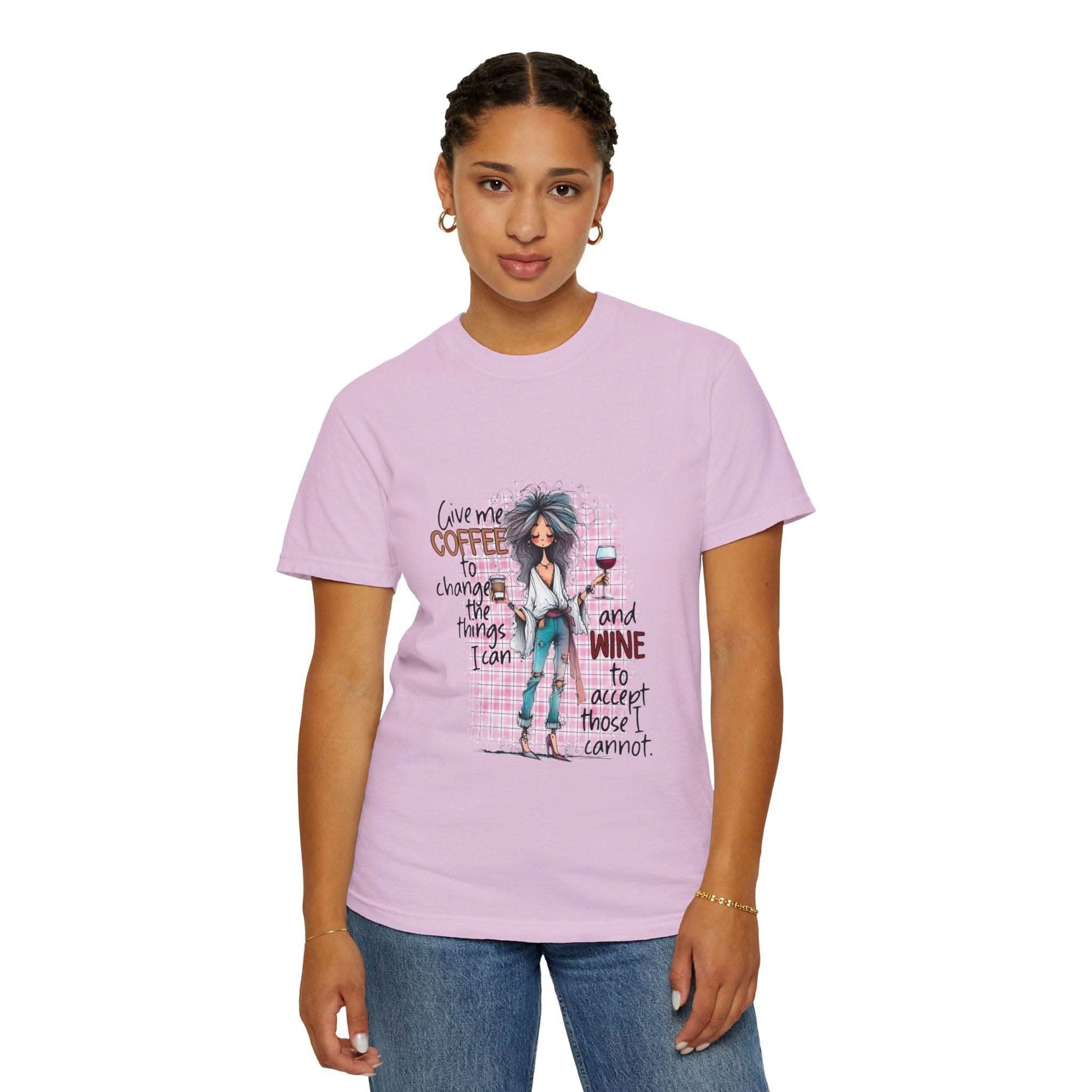 Woman wearing a pink Coffee and Wine unisex T-shirt with a fun quote and graphic design