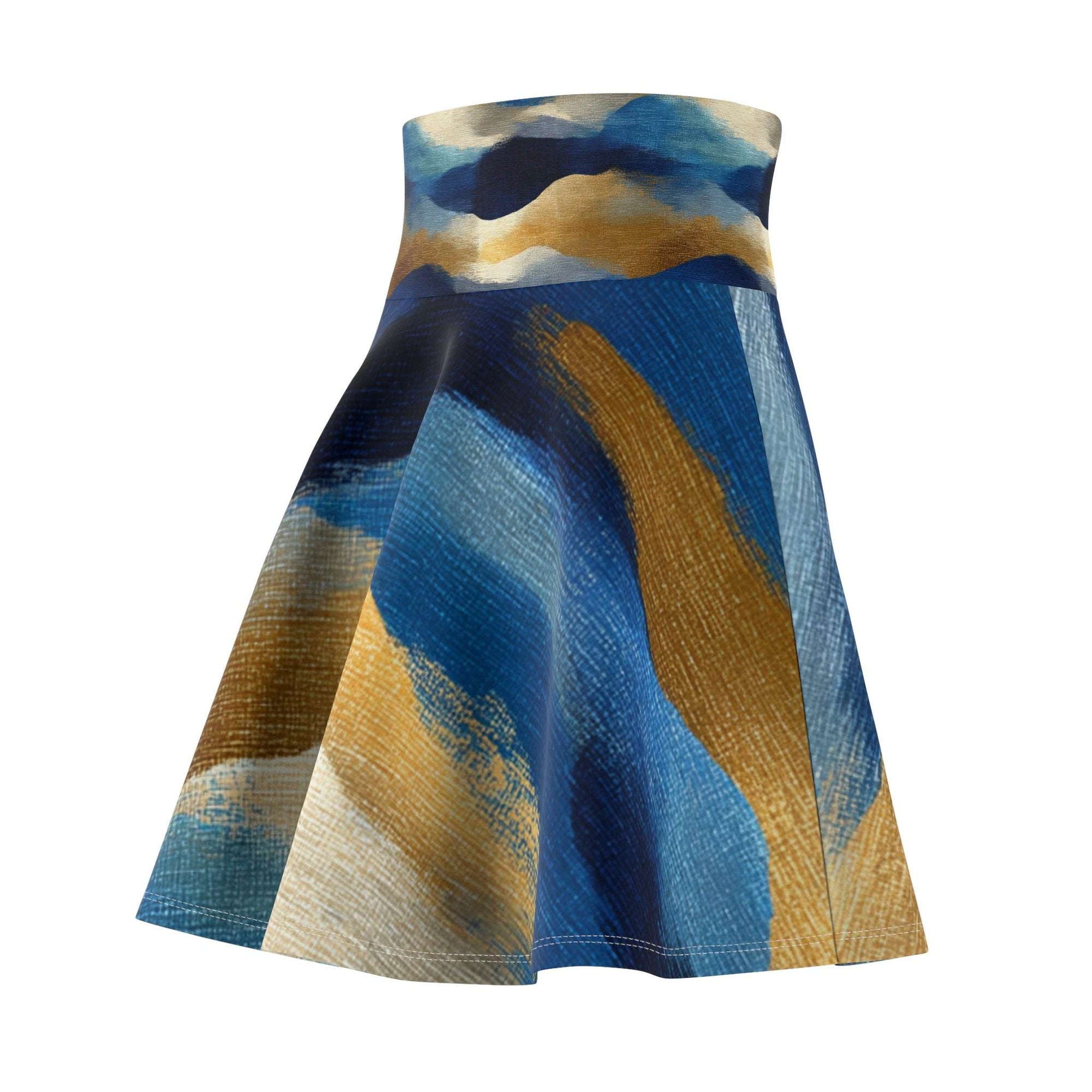Blue gold abstract wave pattern skater skirt with high-rise waistband and flared silhouette