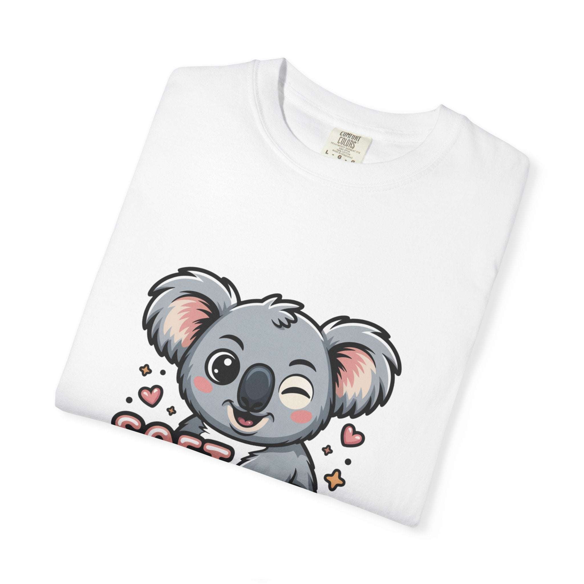 White T-shirt with a playful koala graphic and "Soft on the Outside, Savage on the Inside" text printed on it