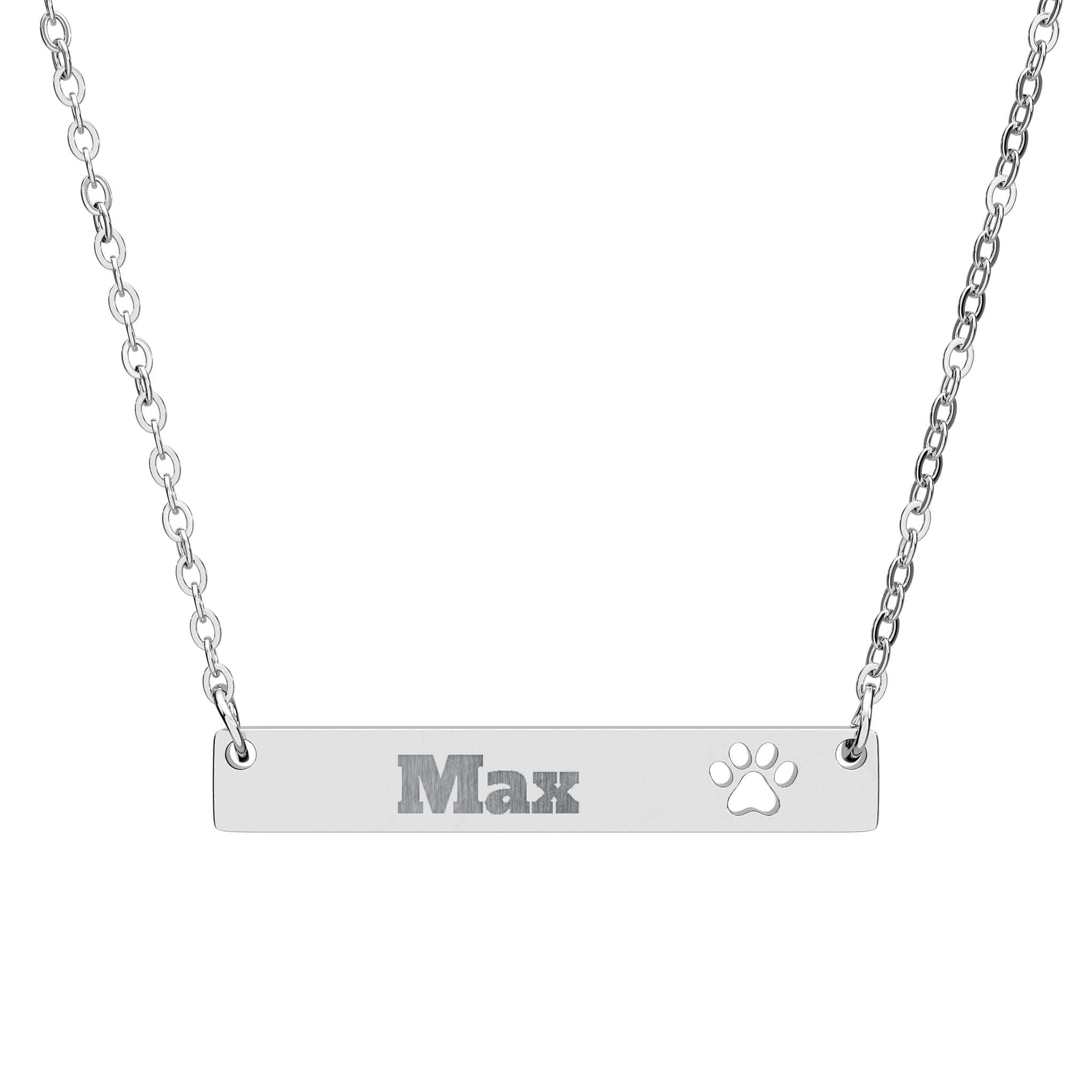 Personalized dog paw cutout bar necklace engraved on stainless steel
