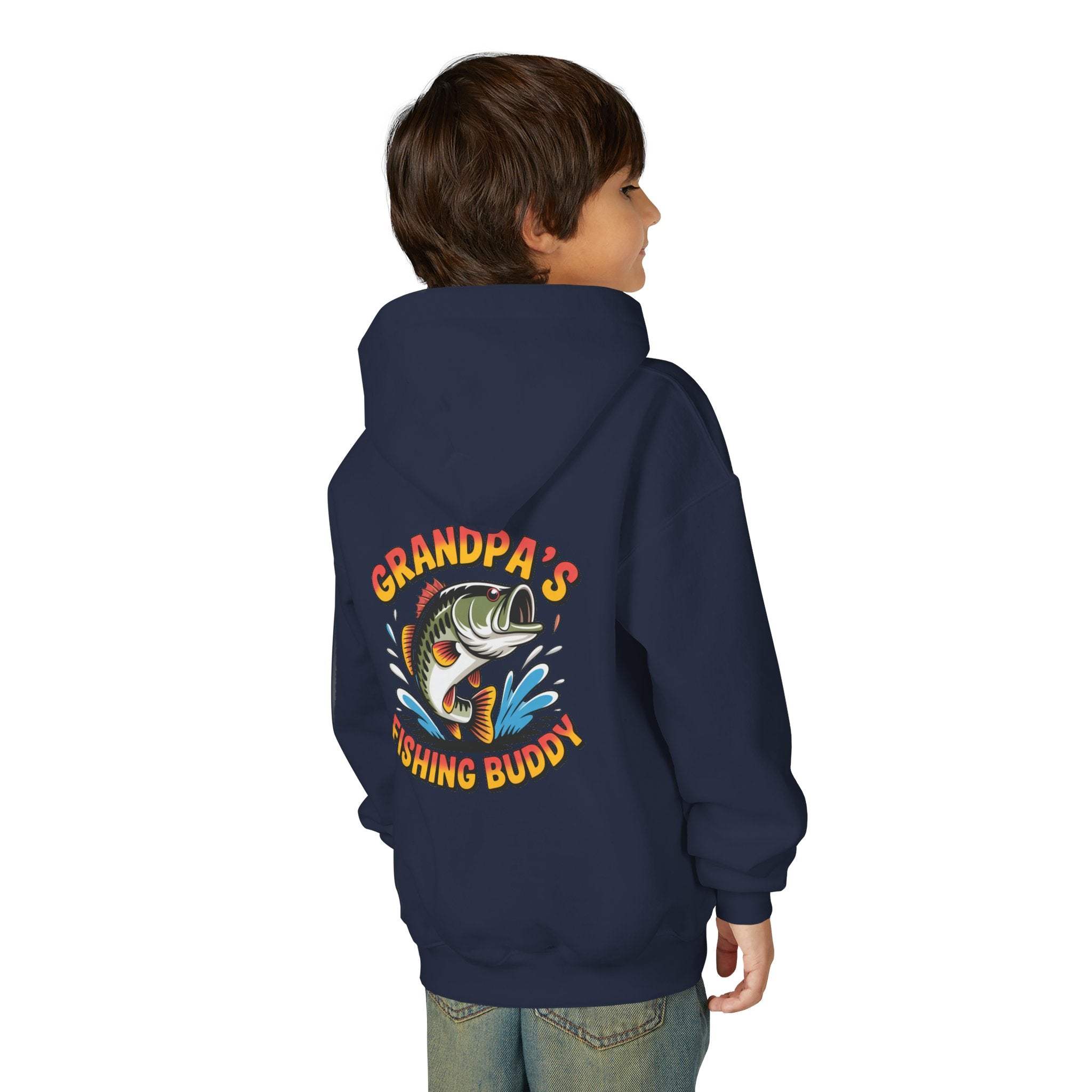 Youth hooded sweatshirt with embroidered Grandpas Fishing Buddy Hoodie design and kangaroo pocket