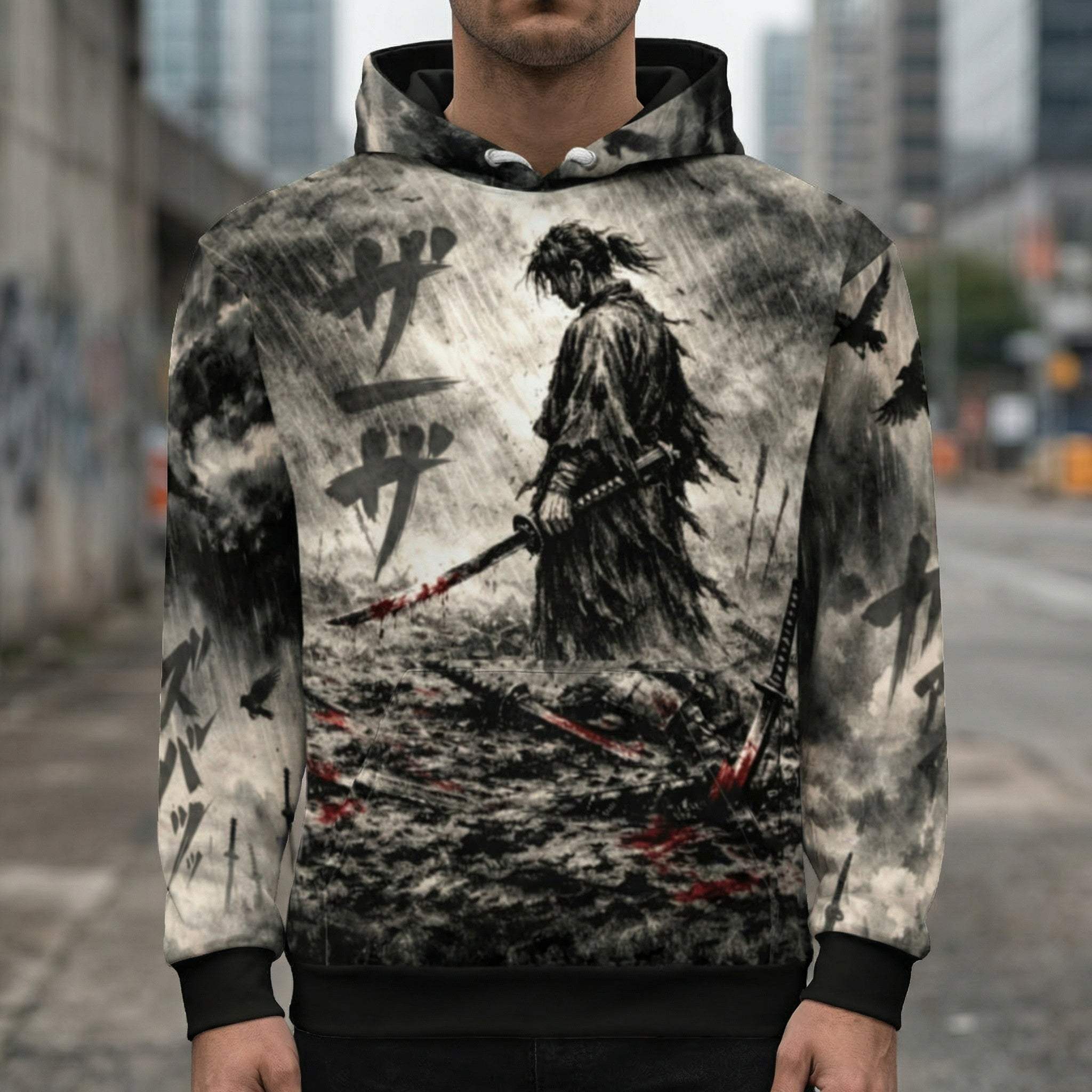 Dark seinen samurai hoodie with ink wash anime swordsman design and blood-red accents