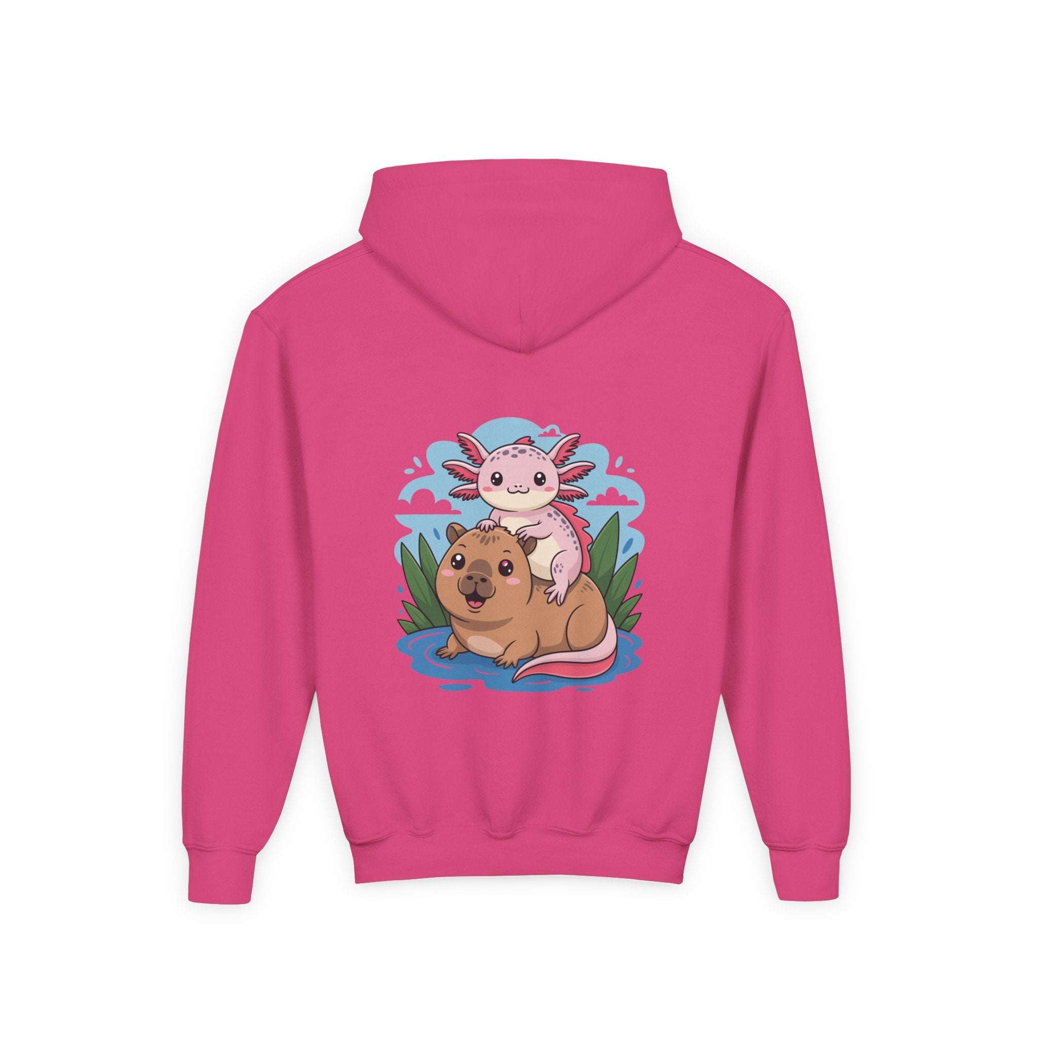 Youth hoodie with playful axolotl and capybara design in soft cotton-poly blend sweatshirt