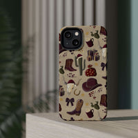 Cowboy Christmas design phone case for iPhone 17 in glossy finish by Printify, featuring festive colors and patterns.