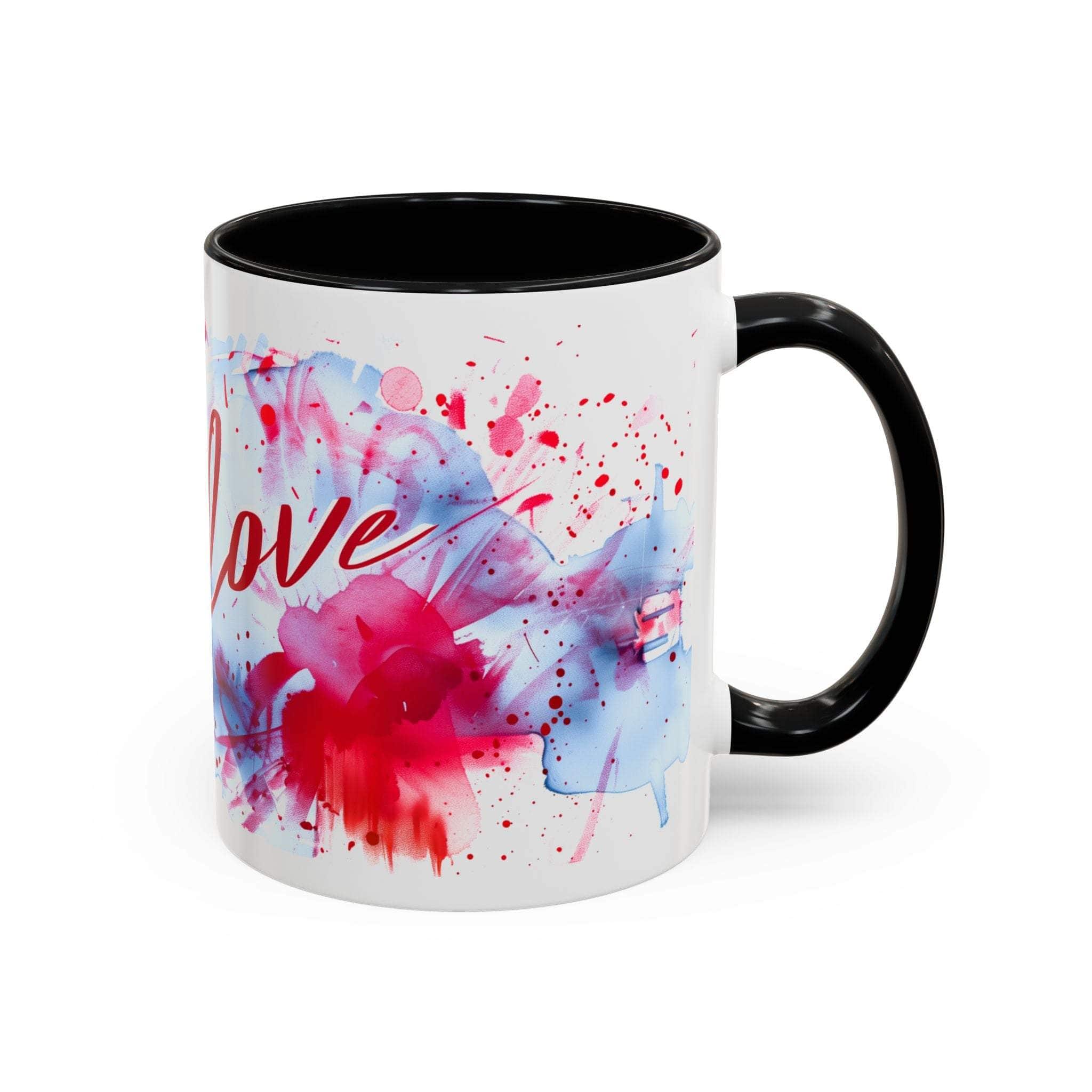 Valentines Floral Love Accent Coffee Mug with red and blue floral design, black handle and interior, romantic heart theme, 11 oz and 15 oz ceramic mug