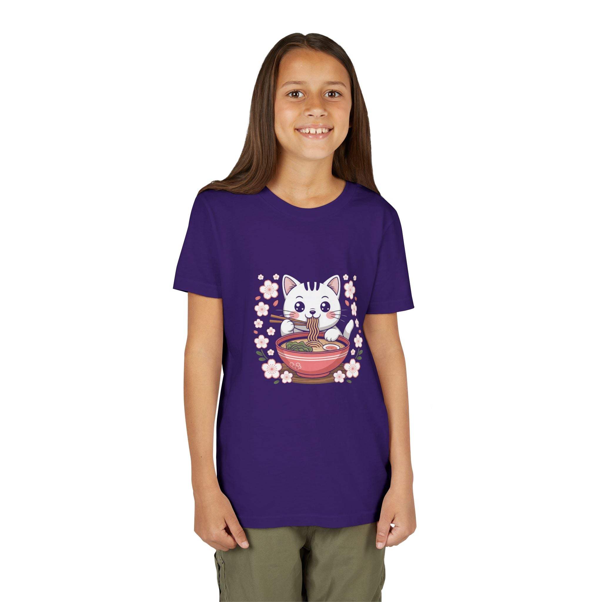 Kawaii cat eating ramen bowl on youth short sleeve tee