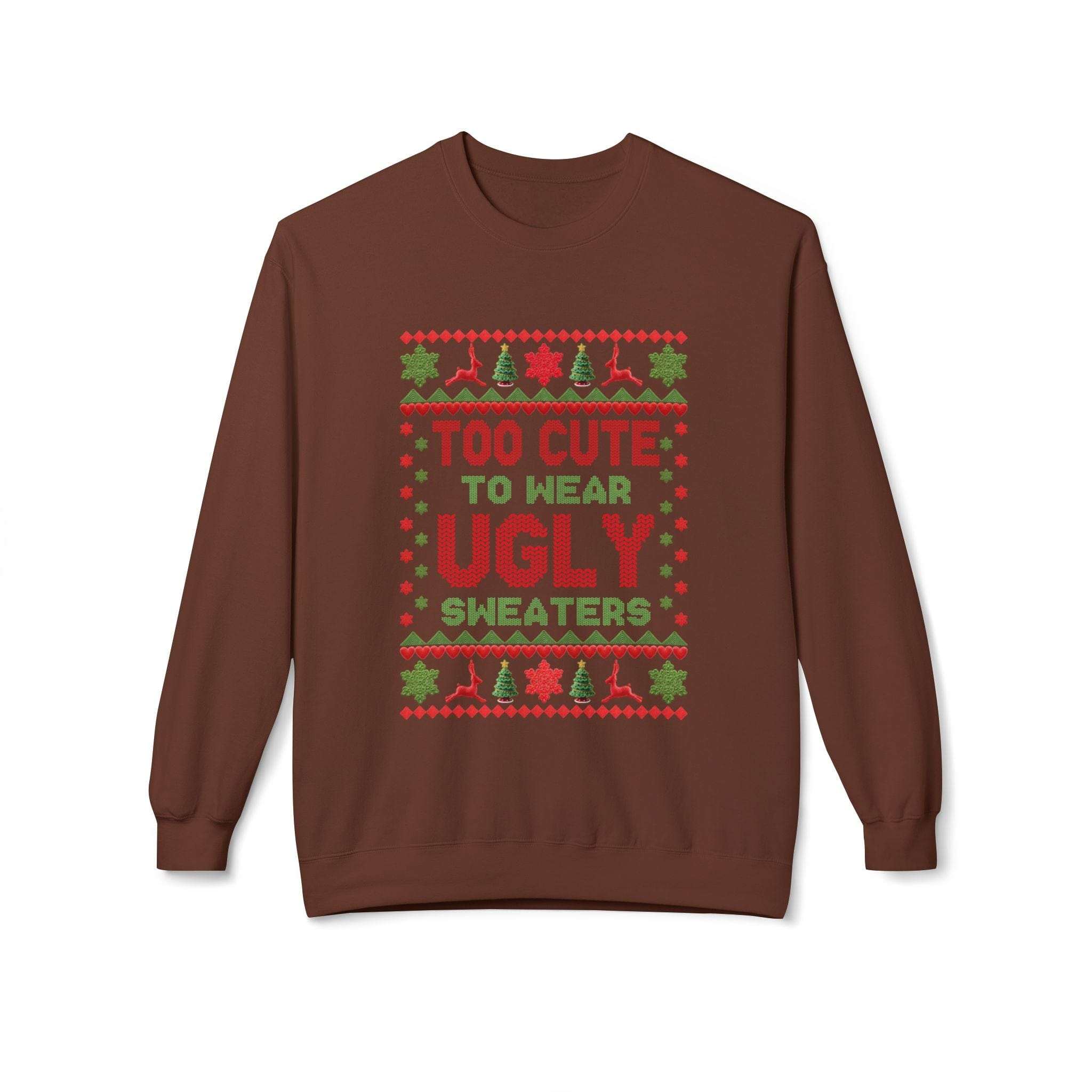Navy unisex fleece Christmas sweatshirt featuring 'Too Cute To Wear Ugly Sweaters' design by Printify