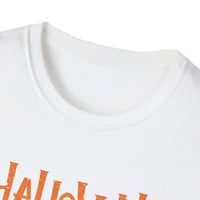 Royal blue unisex t-shirt featuring a spooky haunted house design for Halloween by Printify