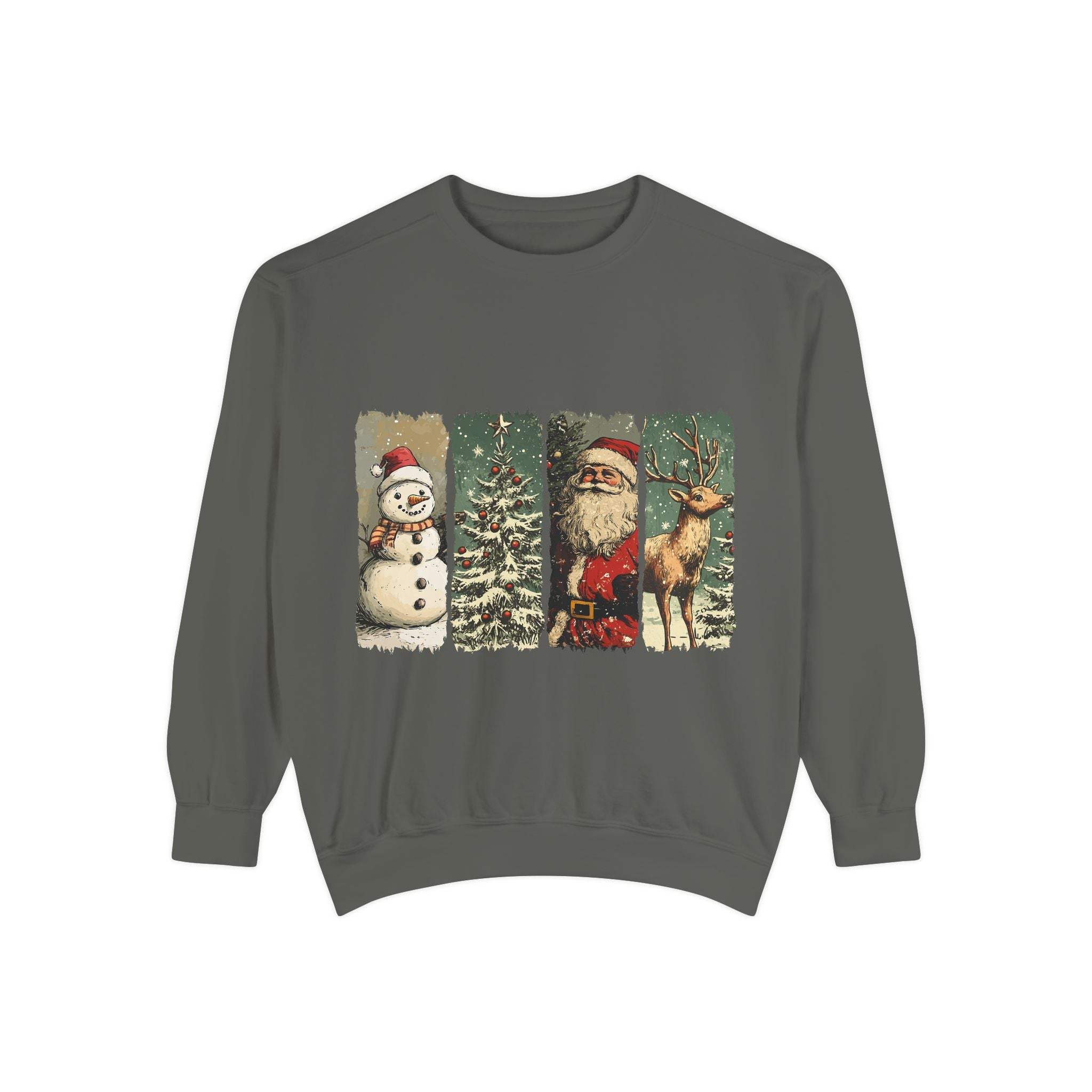 Vintage Christmas sweatshirt with watercolor snowman, Christmas tree, Santa, and reindeer design on gray background