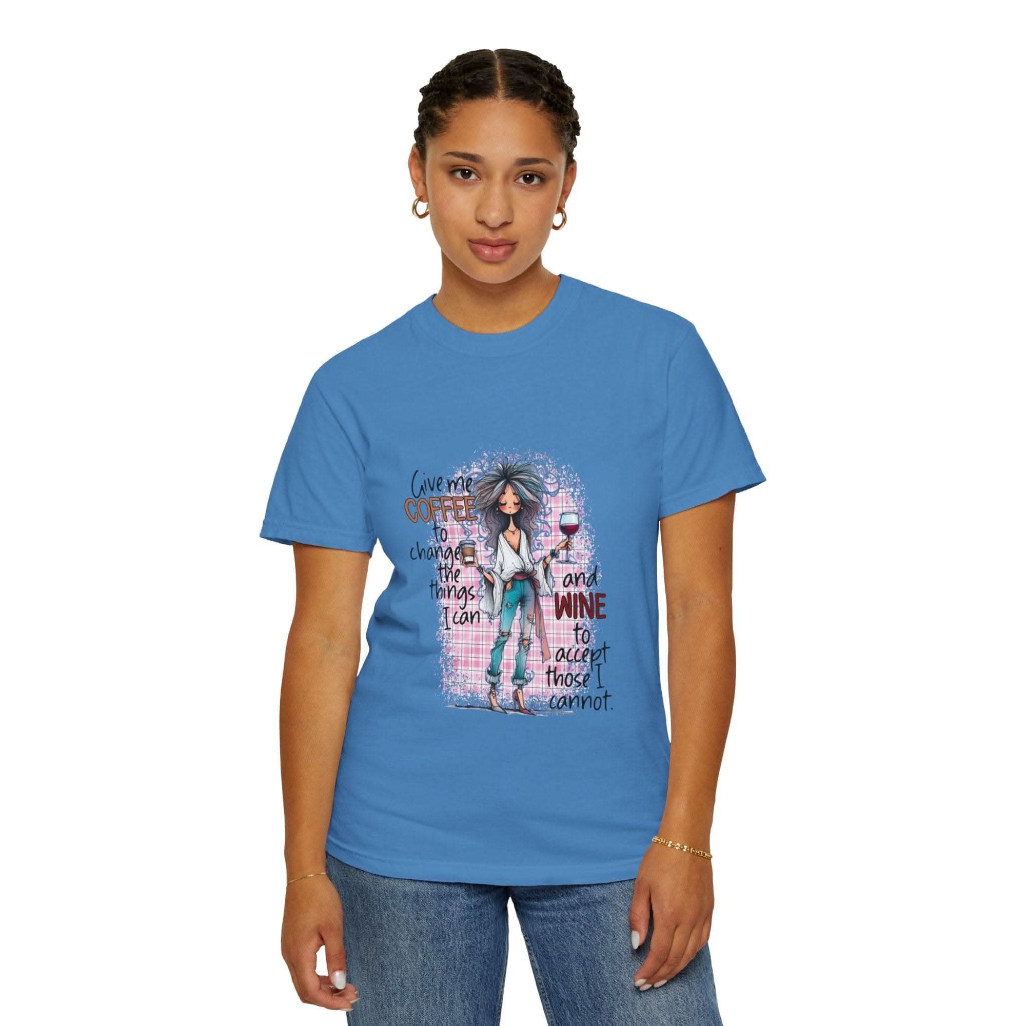 Woman wearing blue Coffee and Wine Unisex T-shirt with humorous quote about coffee and wine.