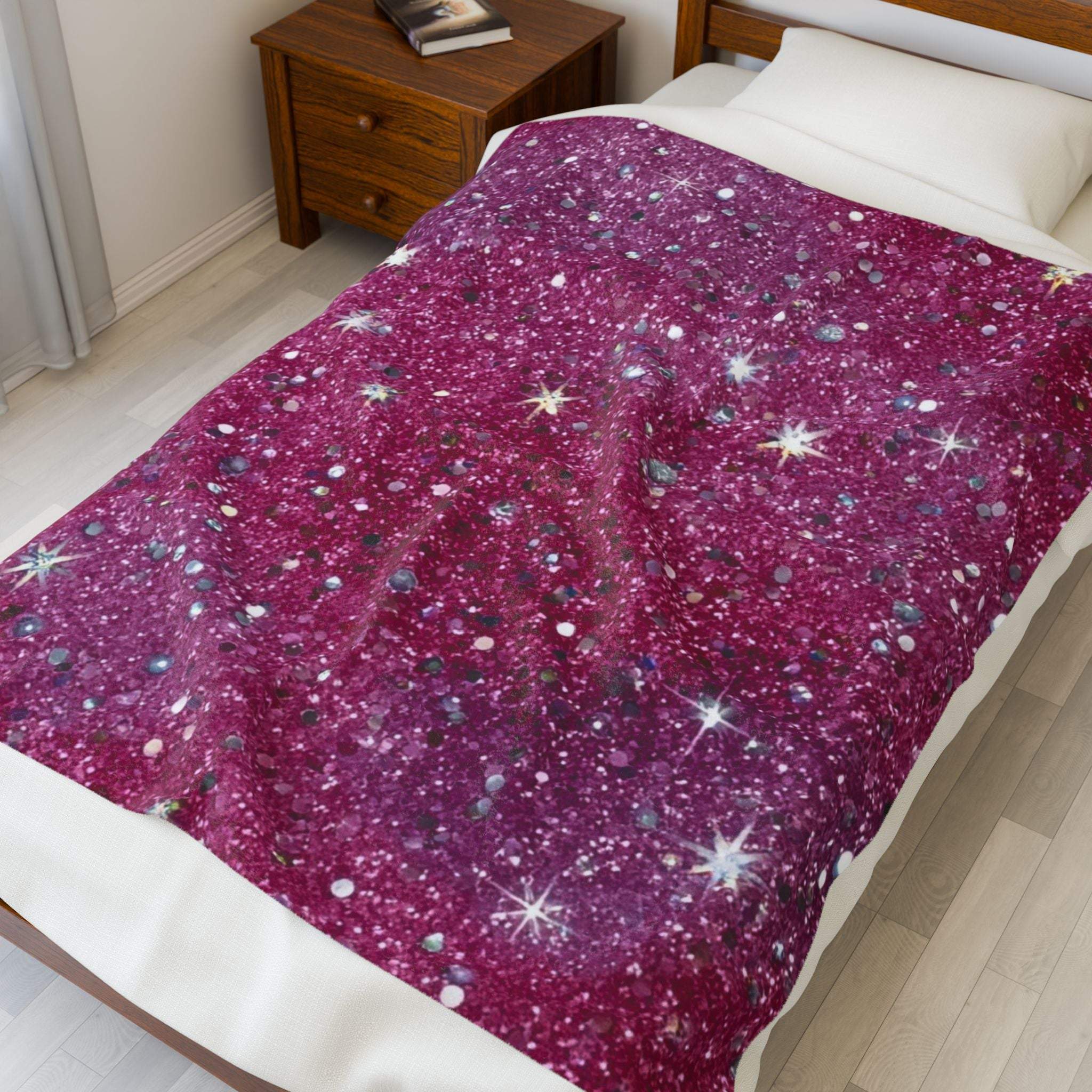 Pink plush blanket with starry pattern, cozy bedding for girls' rooms by Printify, available in multiple sizes.