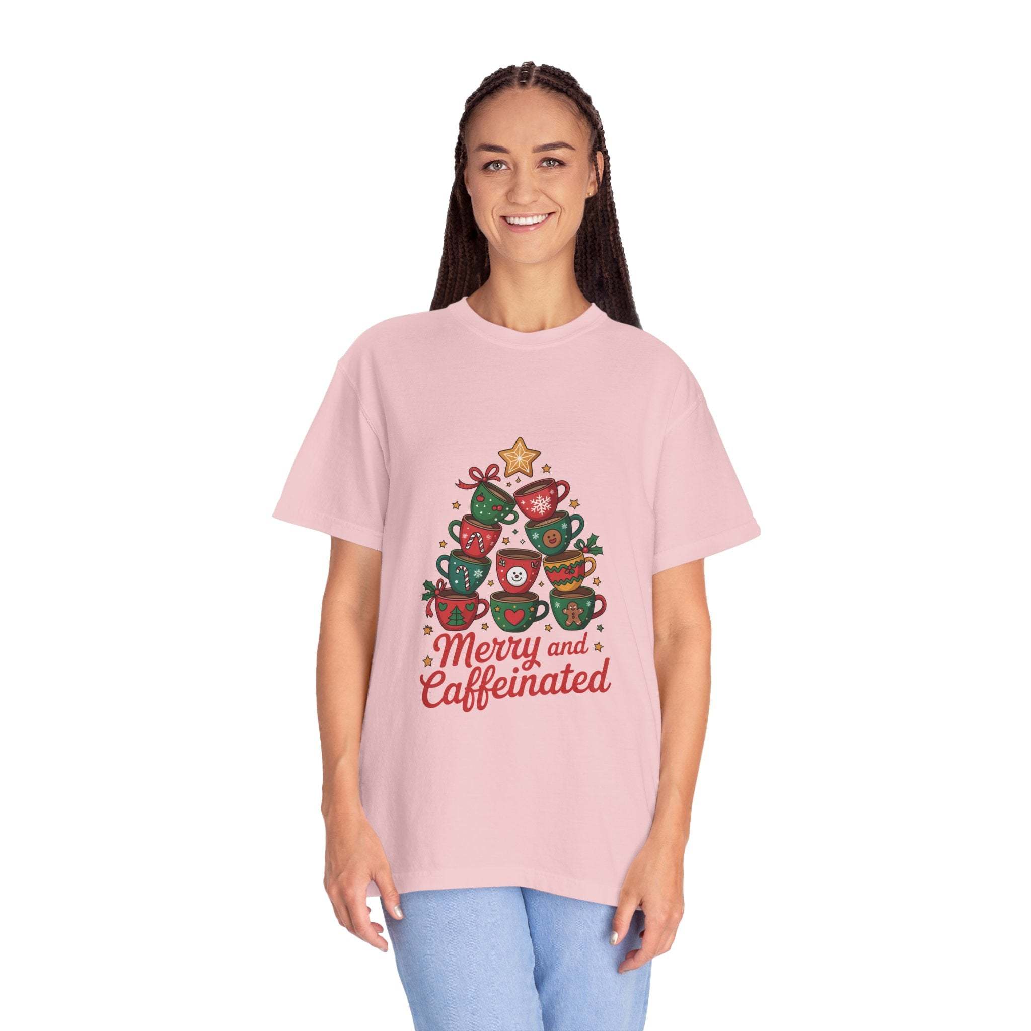 Woman wearing pink Merry and Caffeinated T-shirt with festive coffee cup design