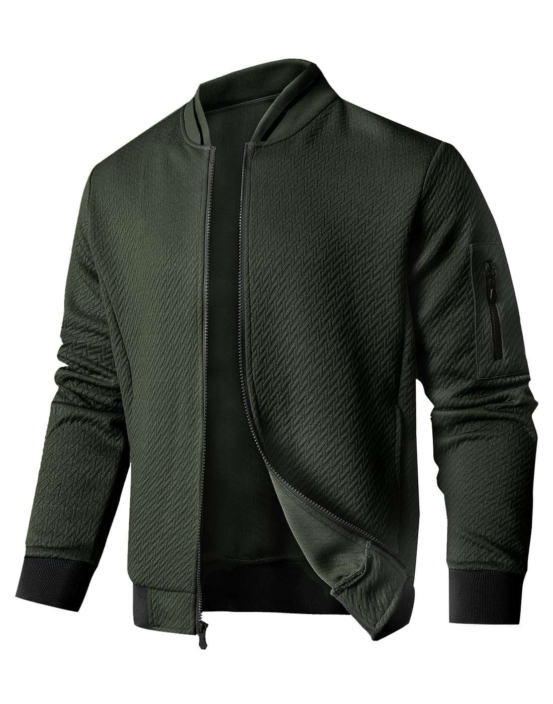 Mens soft jacquard bomber jacket with V-shaped pattern and breathable fabric