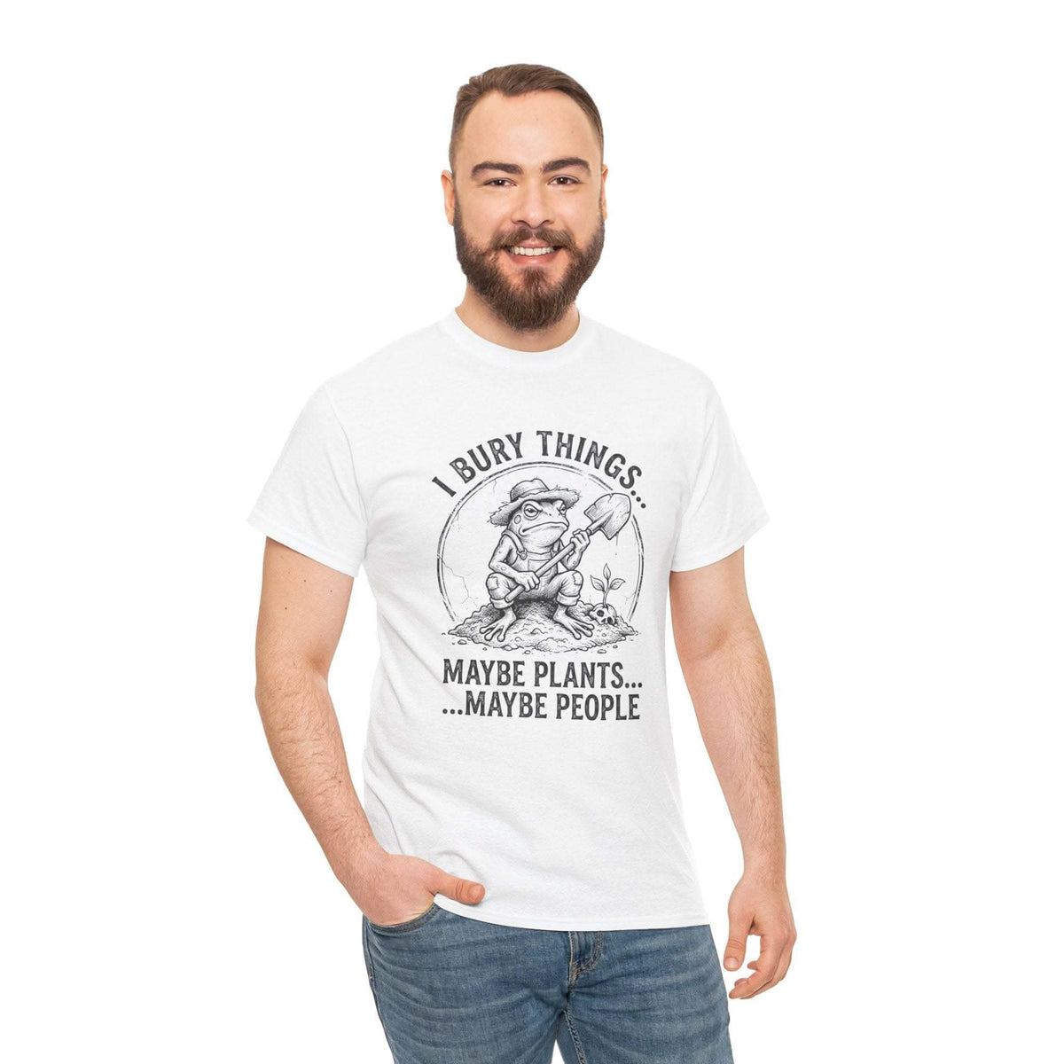 I Bury Things Maybe Plants Maybe People dark humor gardener t-shirt with gnome digging design