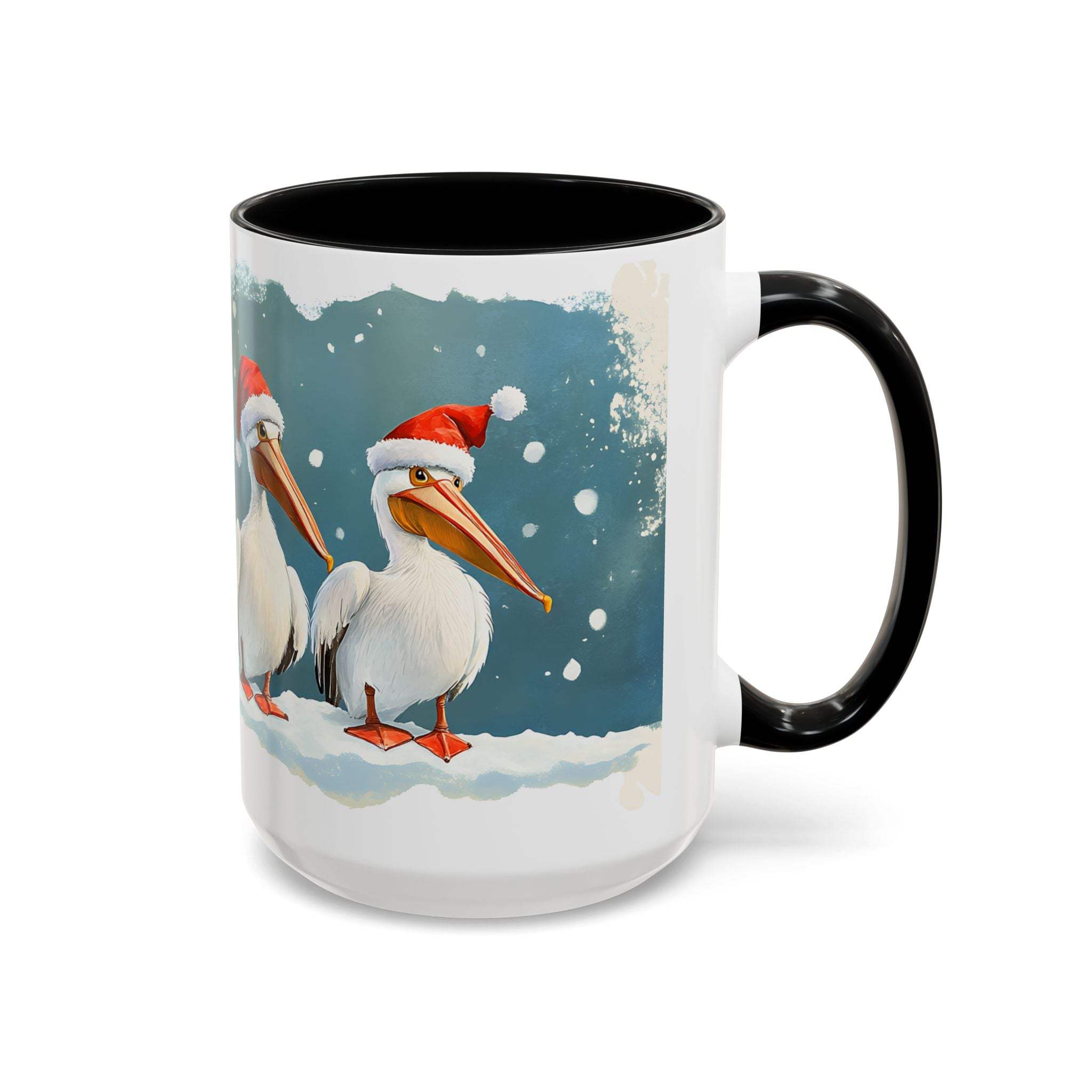 Mug with Christmas design of pelicans wearing Santa hats on a snowy background