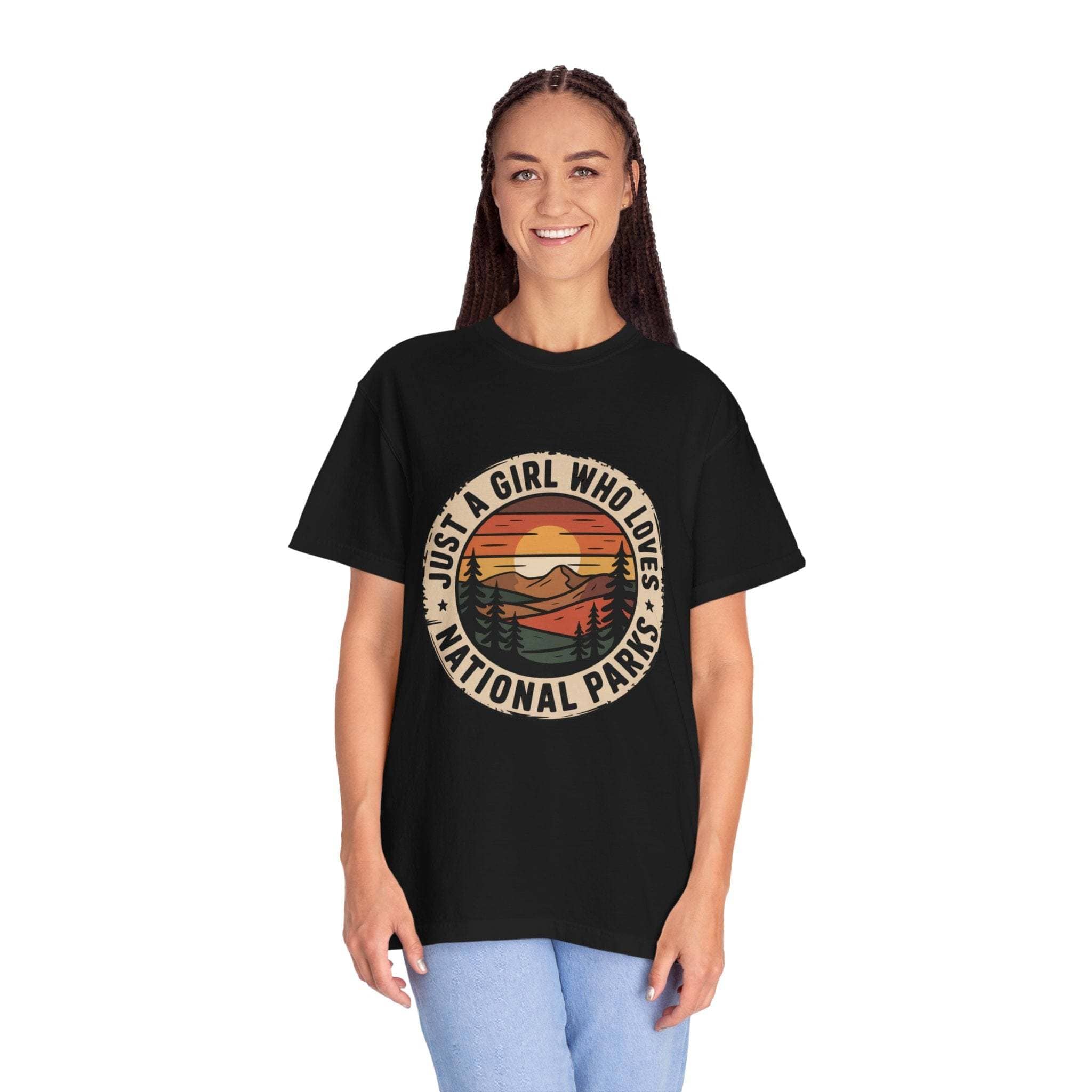 Just a Girl Who Loves National Parks T-Shirt made of soft garment-dyed cotton with relaxed fit and outdoor adventure design