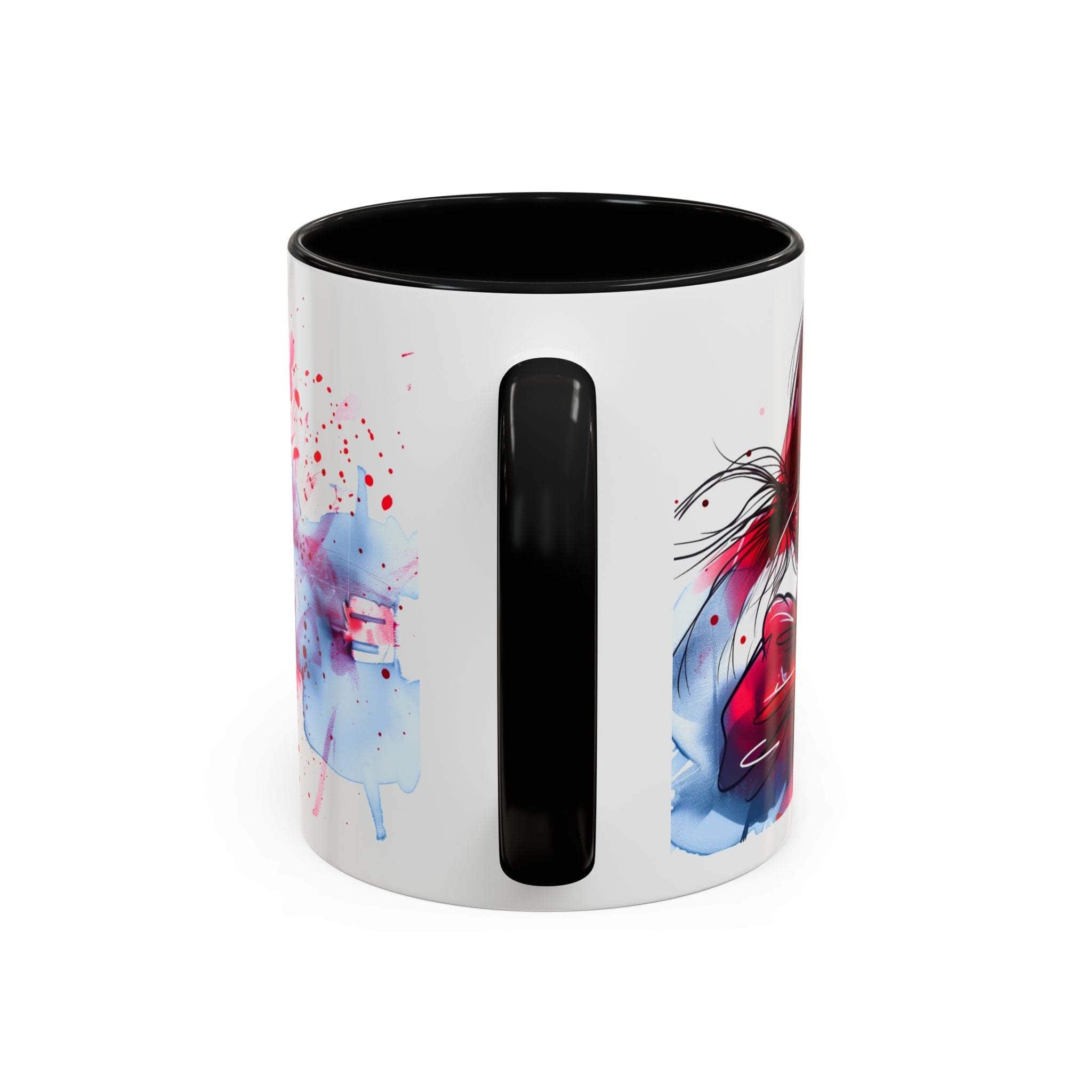 White mug with black interior and handle, featuring colorful abstract designs on a white background