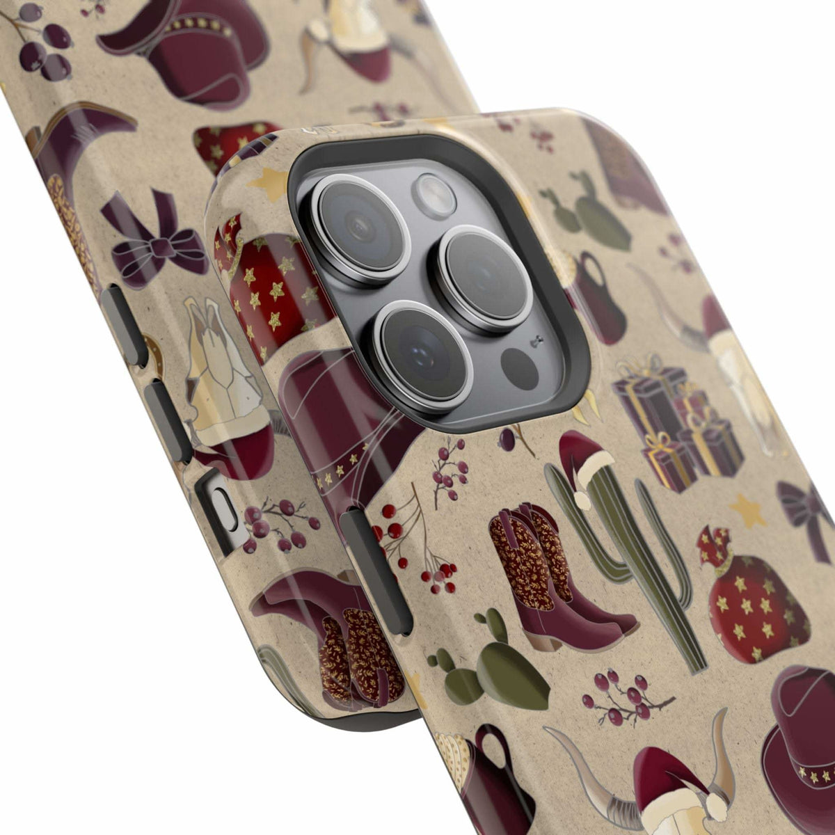 Cowboy Christmas design phone case for iPhone 17 in glossy finish by Printify, featuring festive colors and patterns.