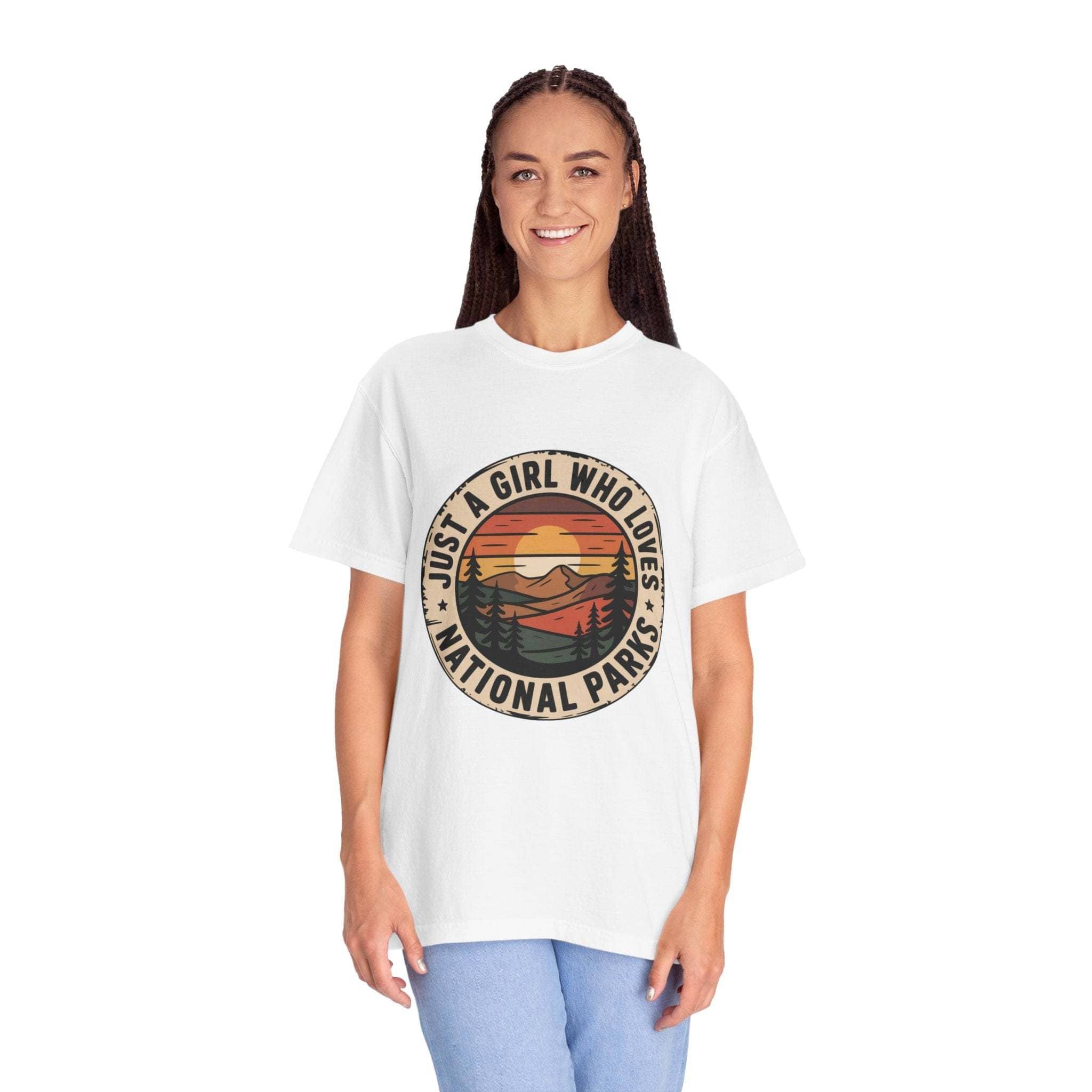 Just a Girl Who Loves National Parks T-Shirt in garment-dyed cotton with relaxed fit and durable design