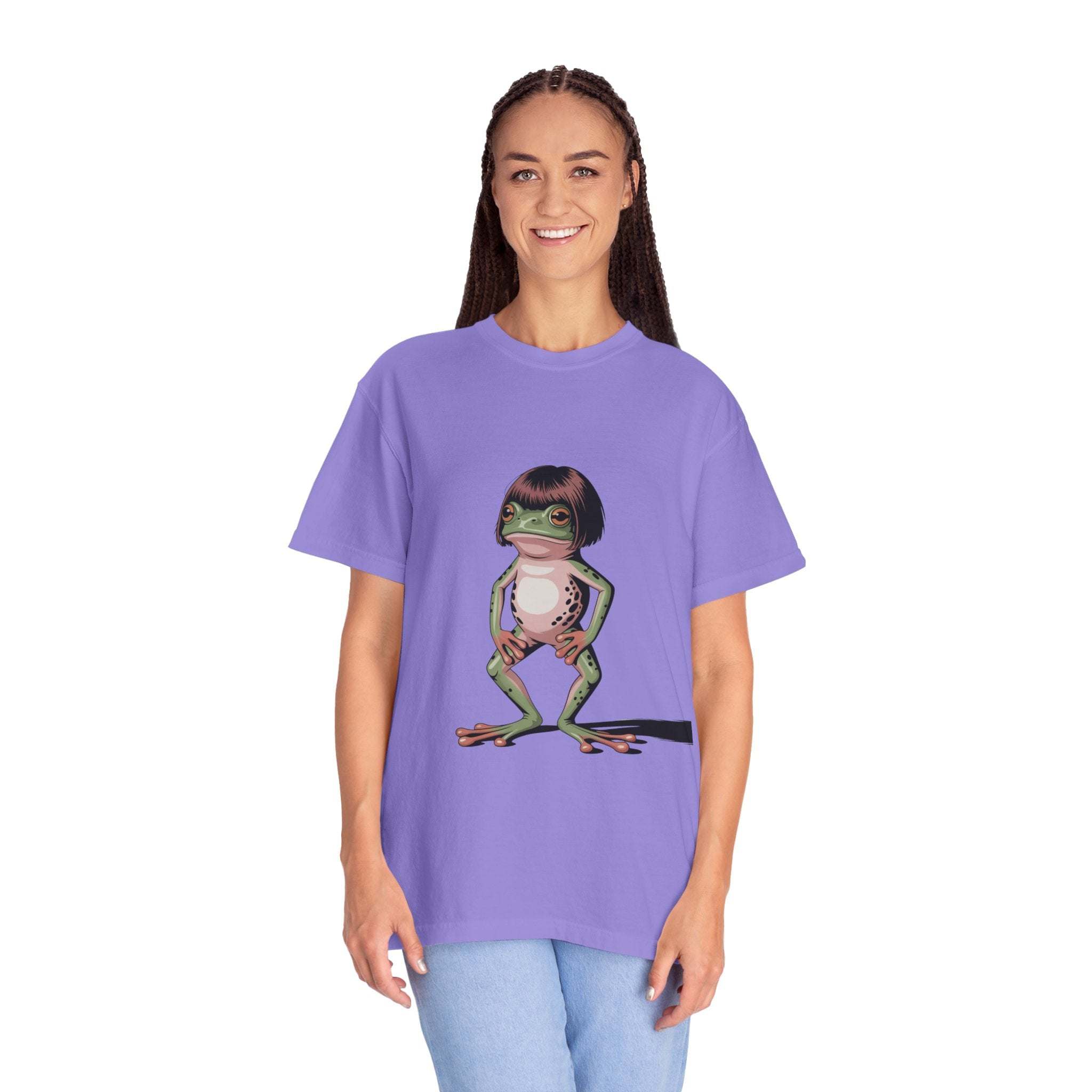 Frog with bob haircut meme printed on vintage-style garment-dyed t-shirt