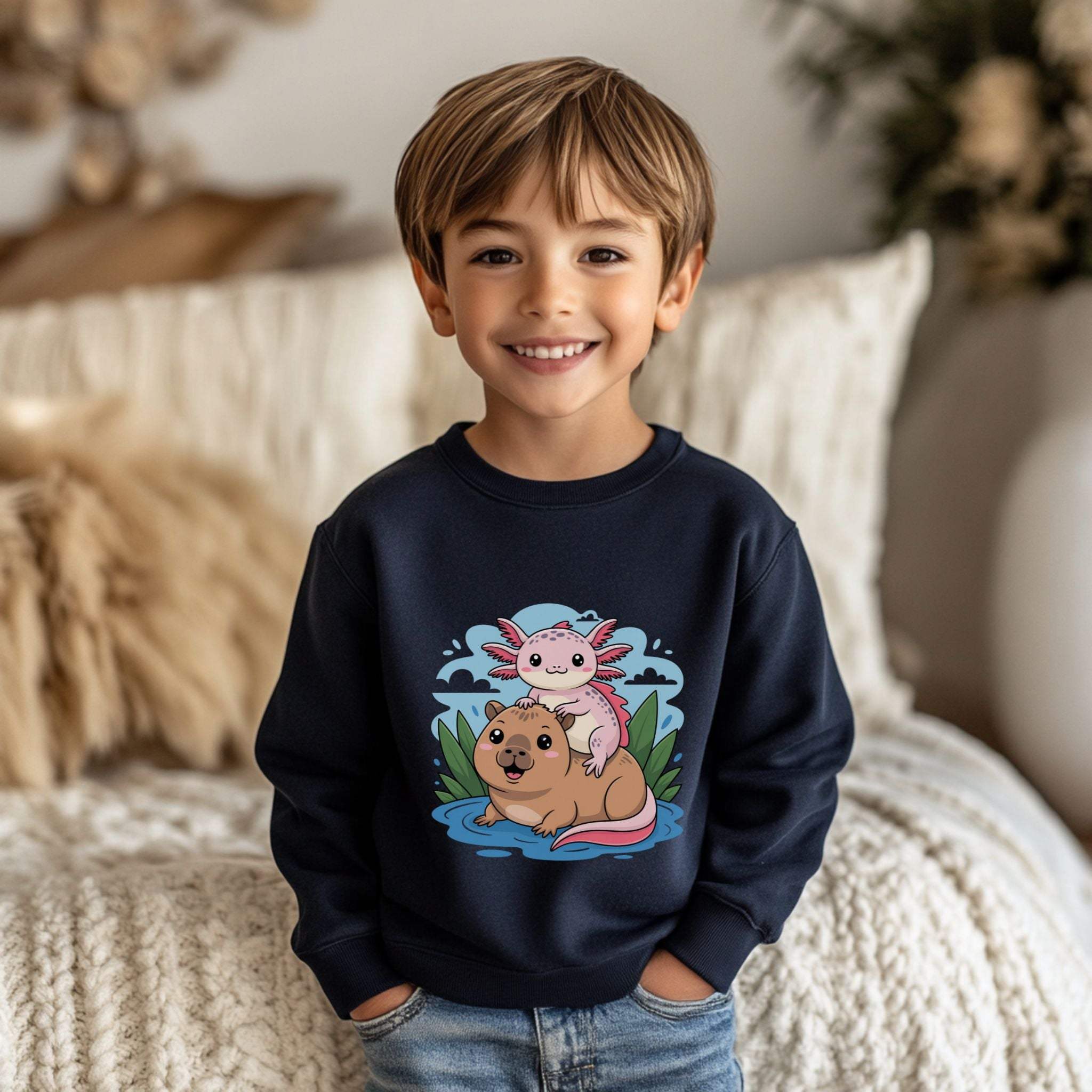 Kids cozy crewneck sweatshirt with whimsical axolotl on capybara design