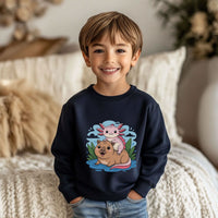 Kids' cozy sweatshirt featuring playful axolotl on capybara embroidery