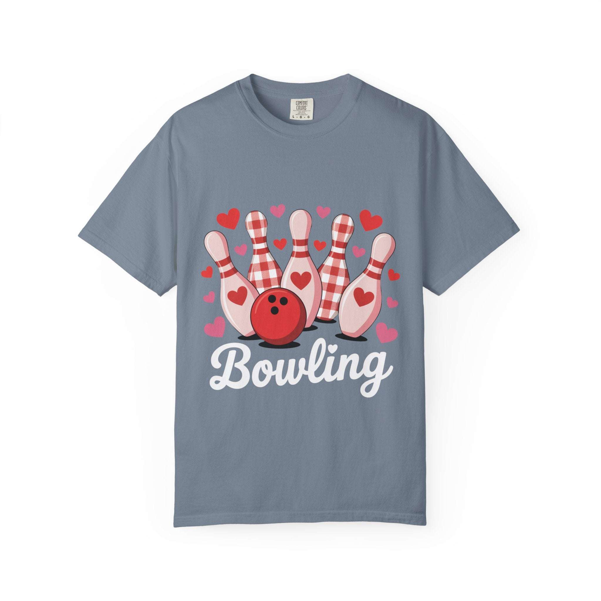 Bowling Hearts Tshirt with tiny hearts and curved bowling pin design on heavyweight cotton