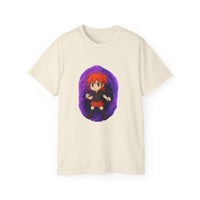 White unisex t-shirt featuring Anime Purple Power Girl design, perfect for casual wear and cosplay.