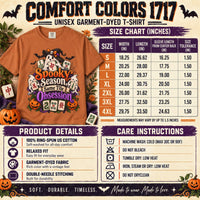 Comfort Colors 1717 Halloween mahjong T-shirt size chart for S–4XL, with width, length and sleeve measurements in inches, plus care instructions.