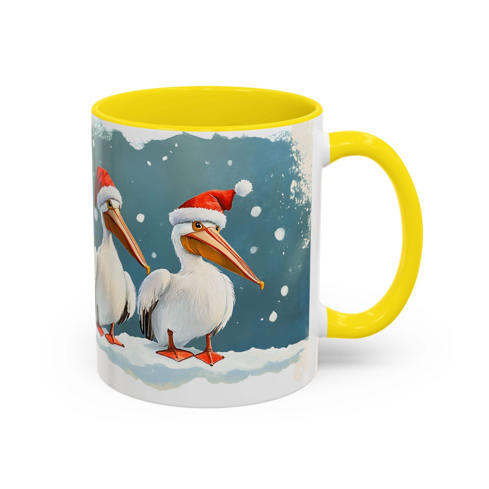 Mug with Christmas design featuring pelicans and Santa hats on a snowy background.