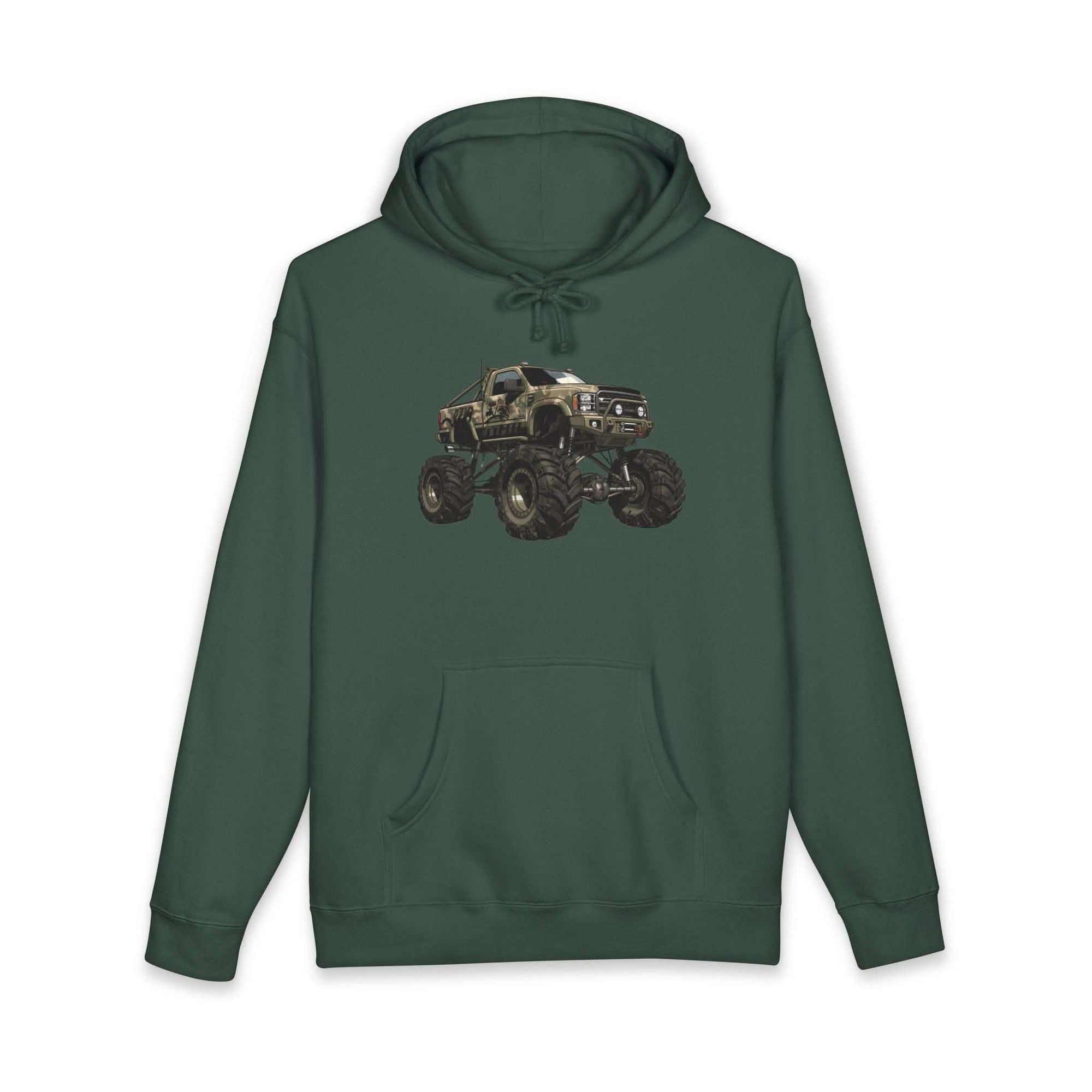 American Flag Monster Truck hoodie with camouflage truck graphic and distressed flag design